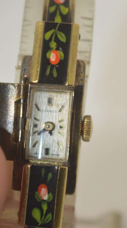 LAZARUS”FOND ACIER INOXYDABLE” Swiss Enamel Bracelet Womens watch RARE”
