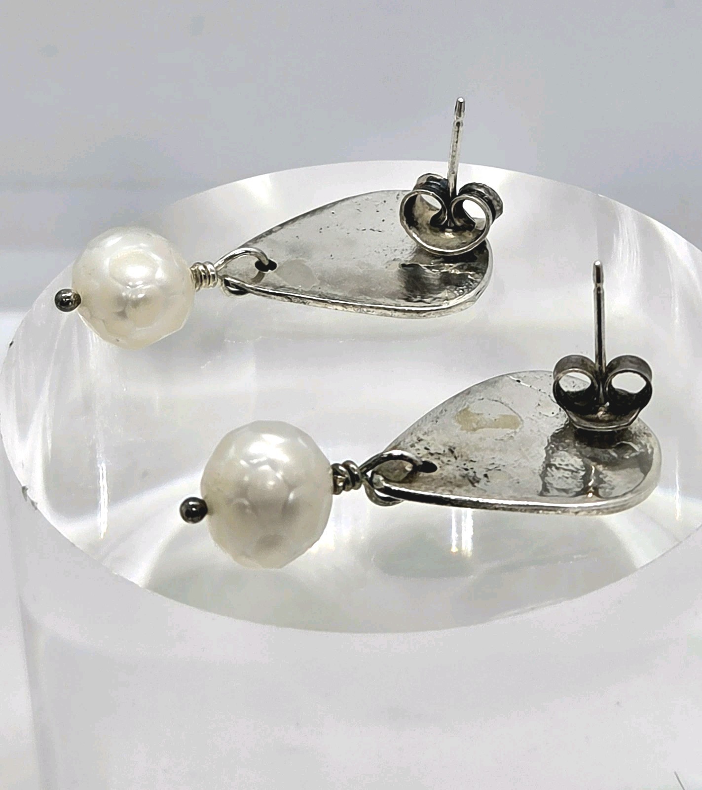 Boho Dangle Drop Textured Silver Faux Pearl Postback Earrings 5.46 gr