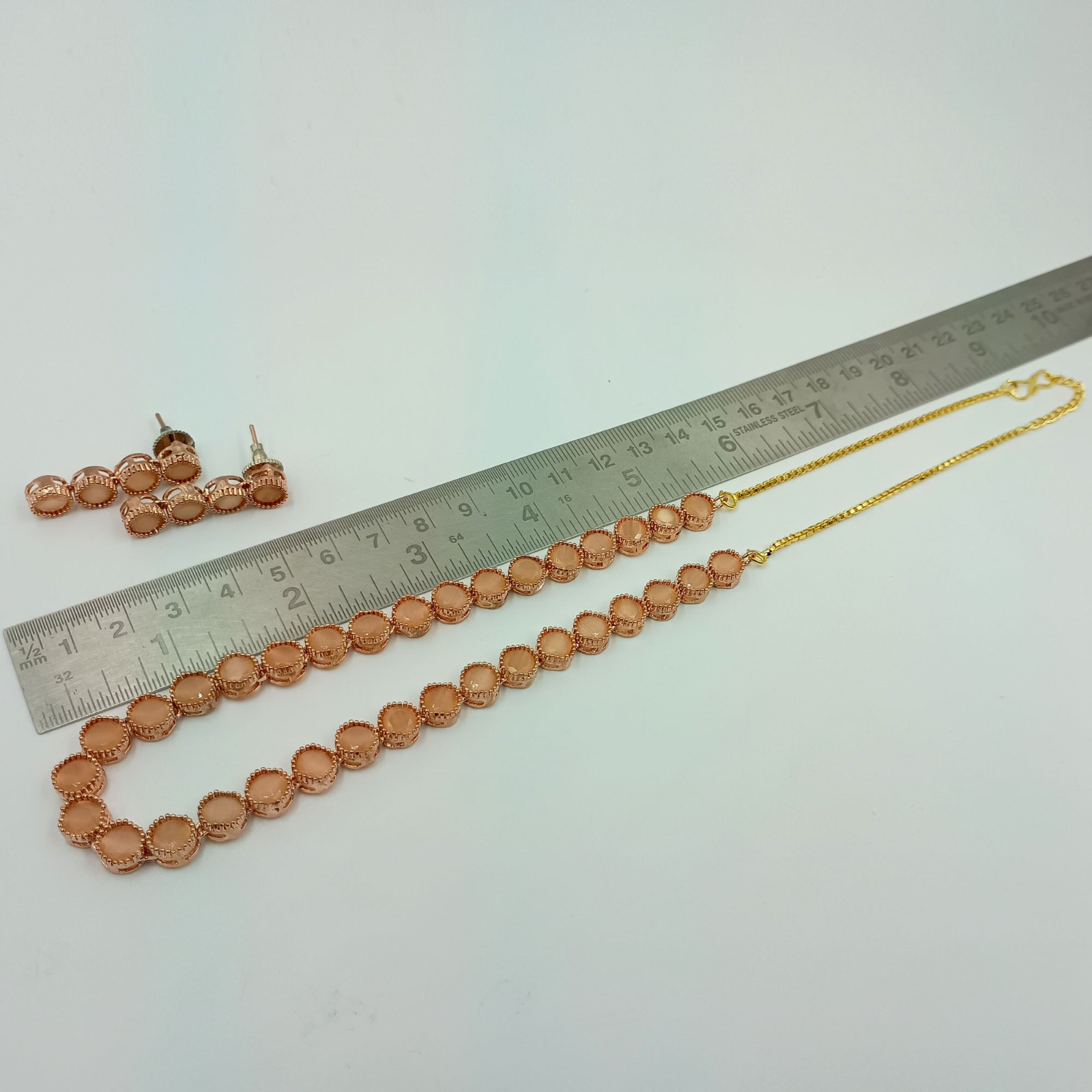 22K Gold Plated Peach Moonstone Bridal Necklace & Earrings Set India Jewelry