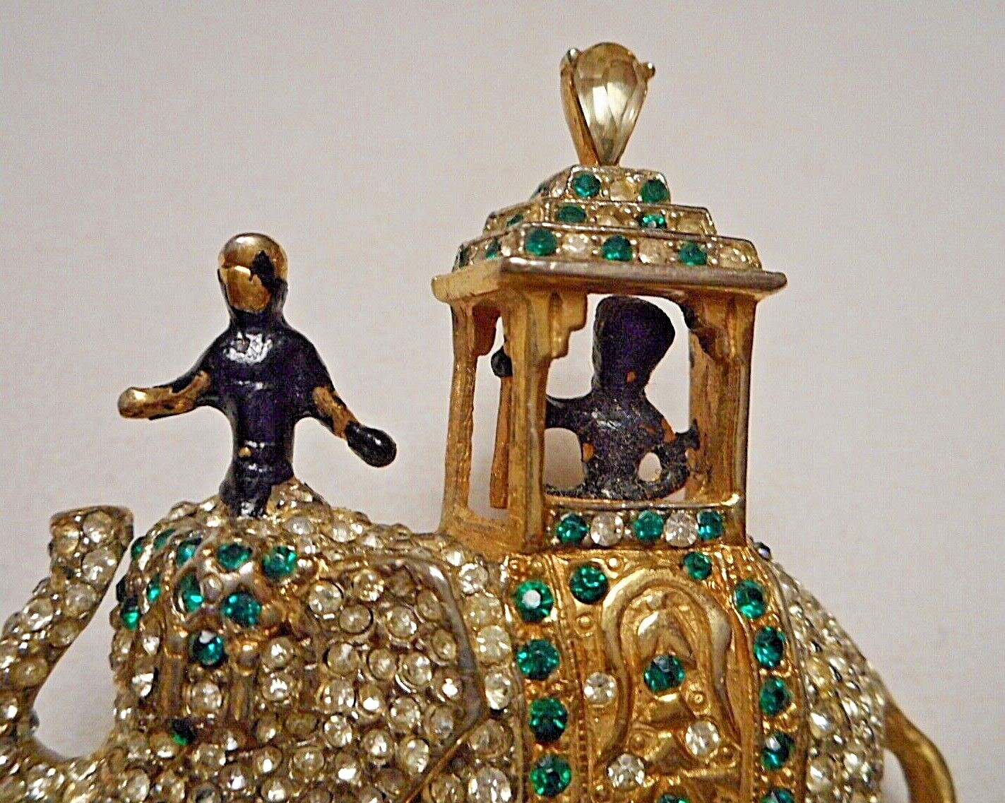 Vintage Boucher? Diamante & Emerald Rhinestone Pave Elephant w Howdah & Figures