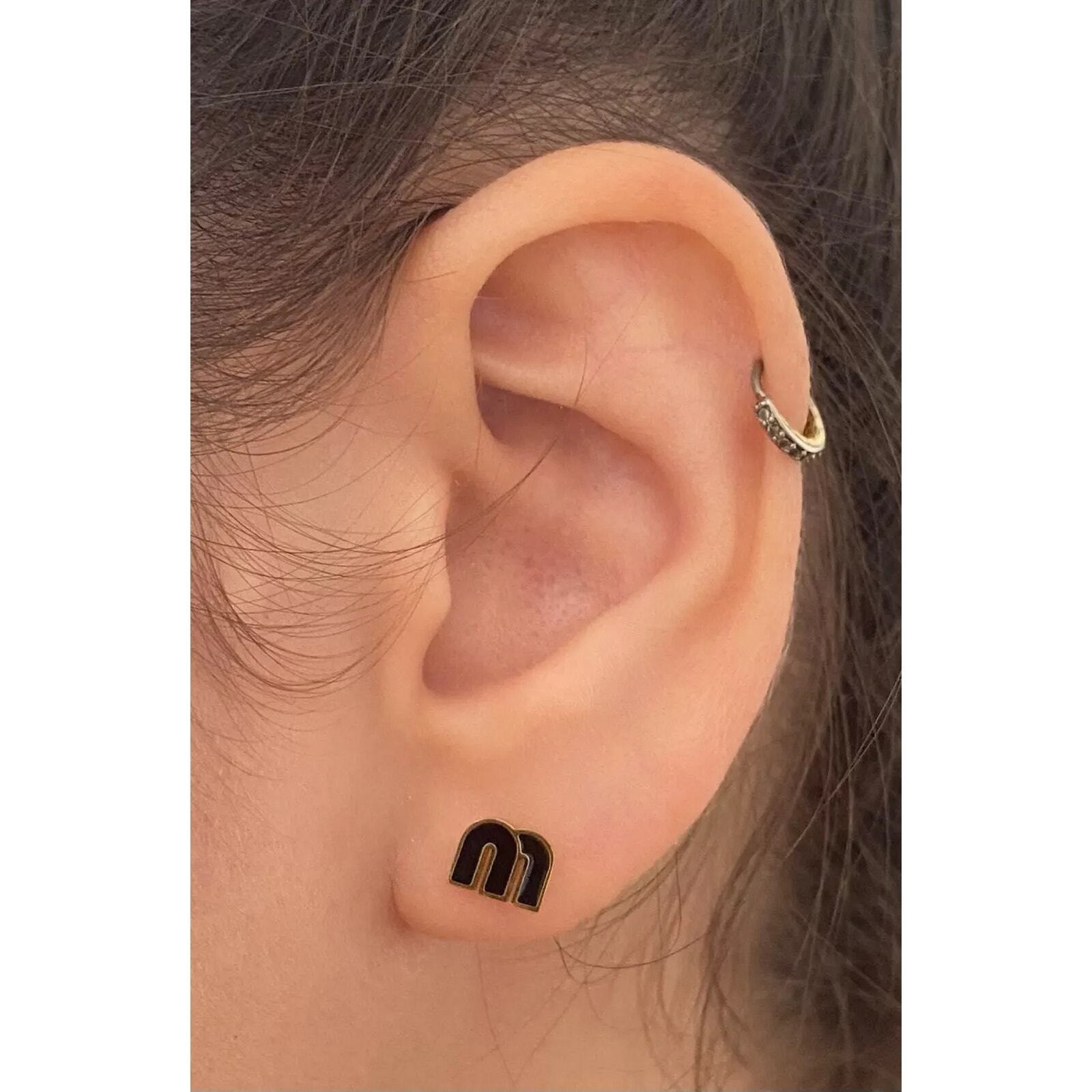 Dainty Black Letter M Charm Stud Earrings Stianless steel