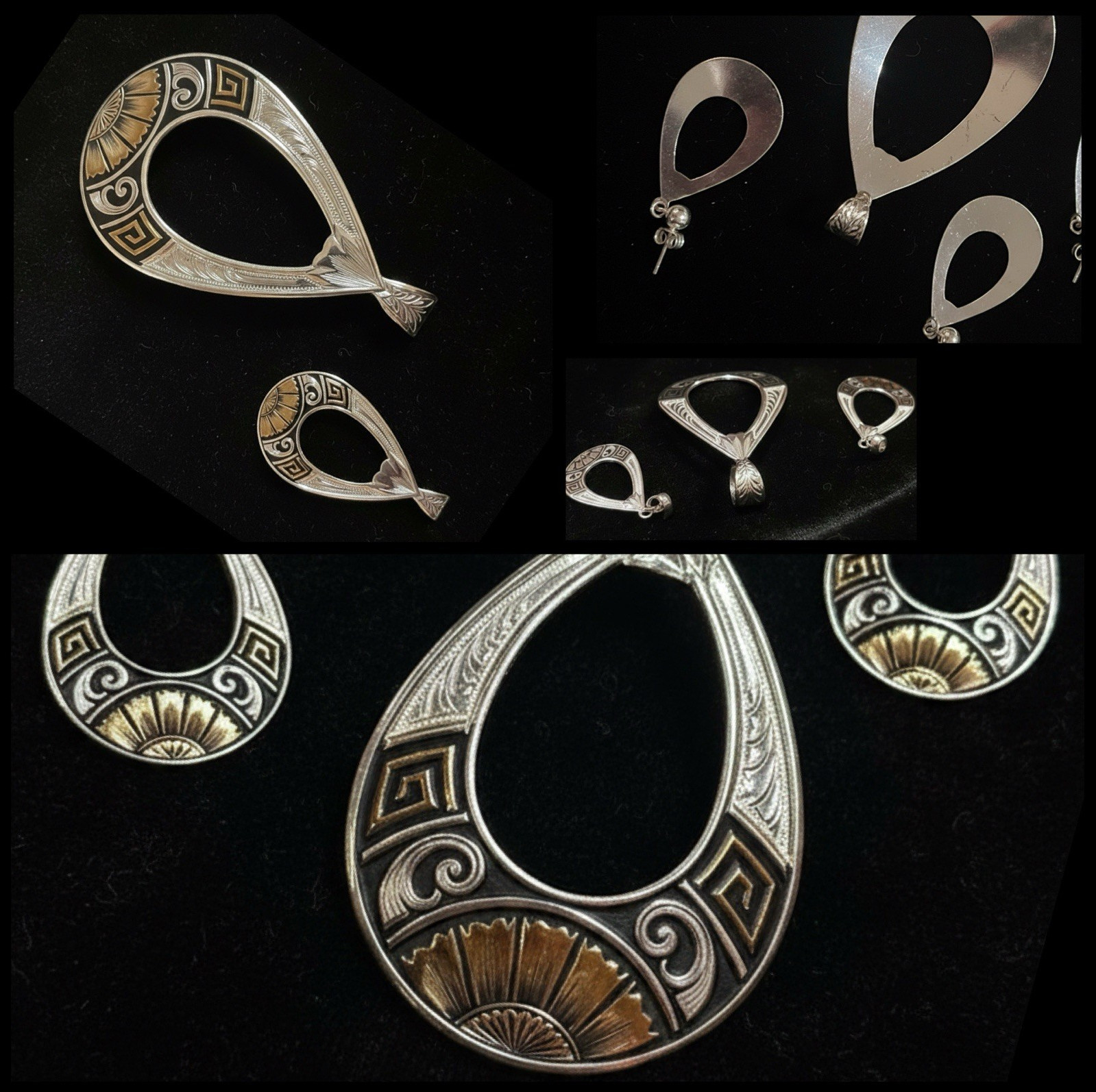 Southwestern Teardrop Dangle Earrings and Pendant ilver/Bronze Inlay Etched
