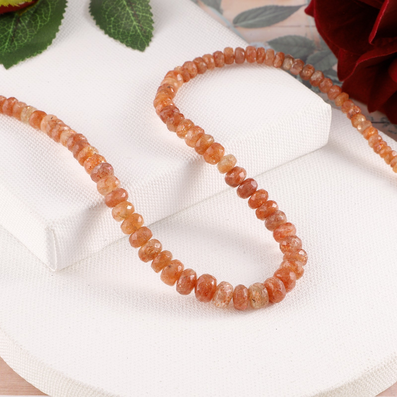 100%Natural Sunstone Stone Beaded Handmade Necklace Faceted Roundel 925 Silver
