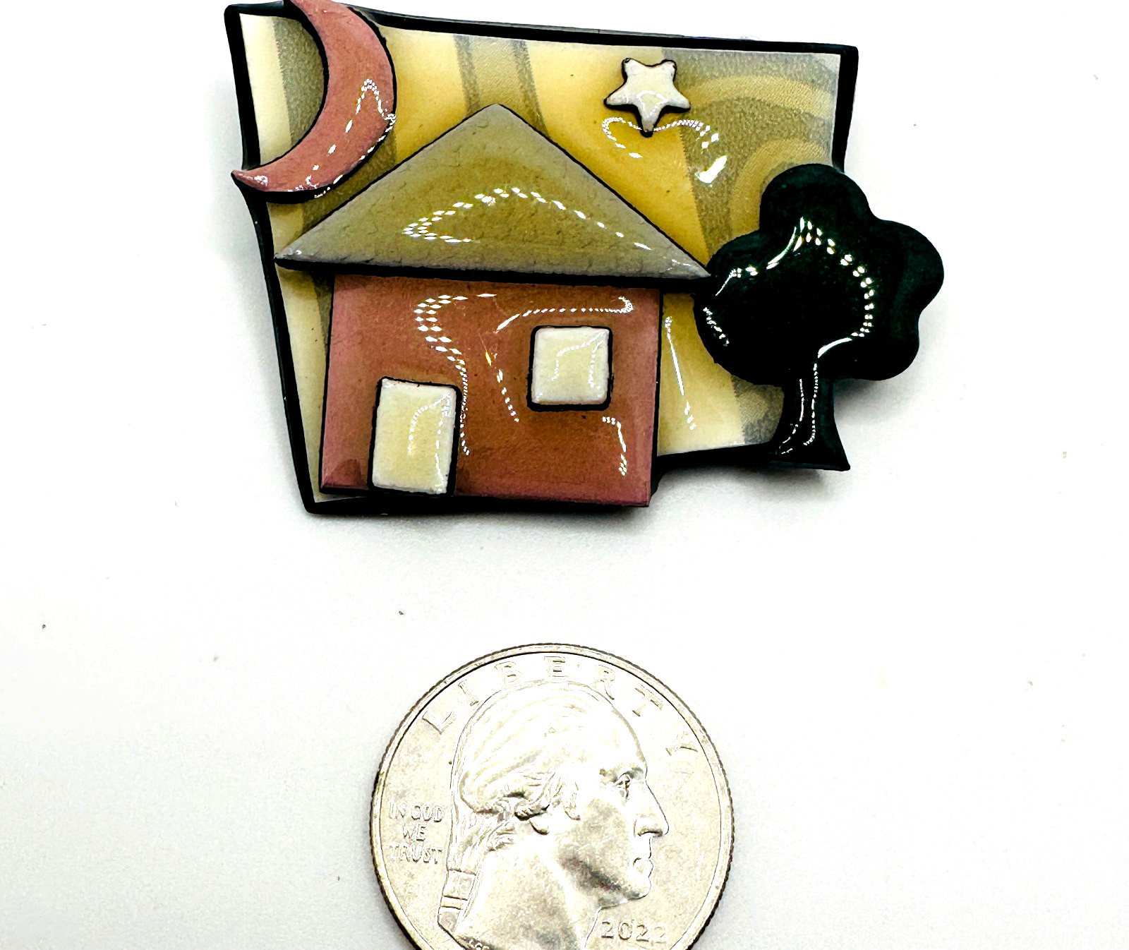 RARE Black Brown Green House Pin by Lucinda Signed Thin Black Back Star
