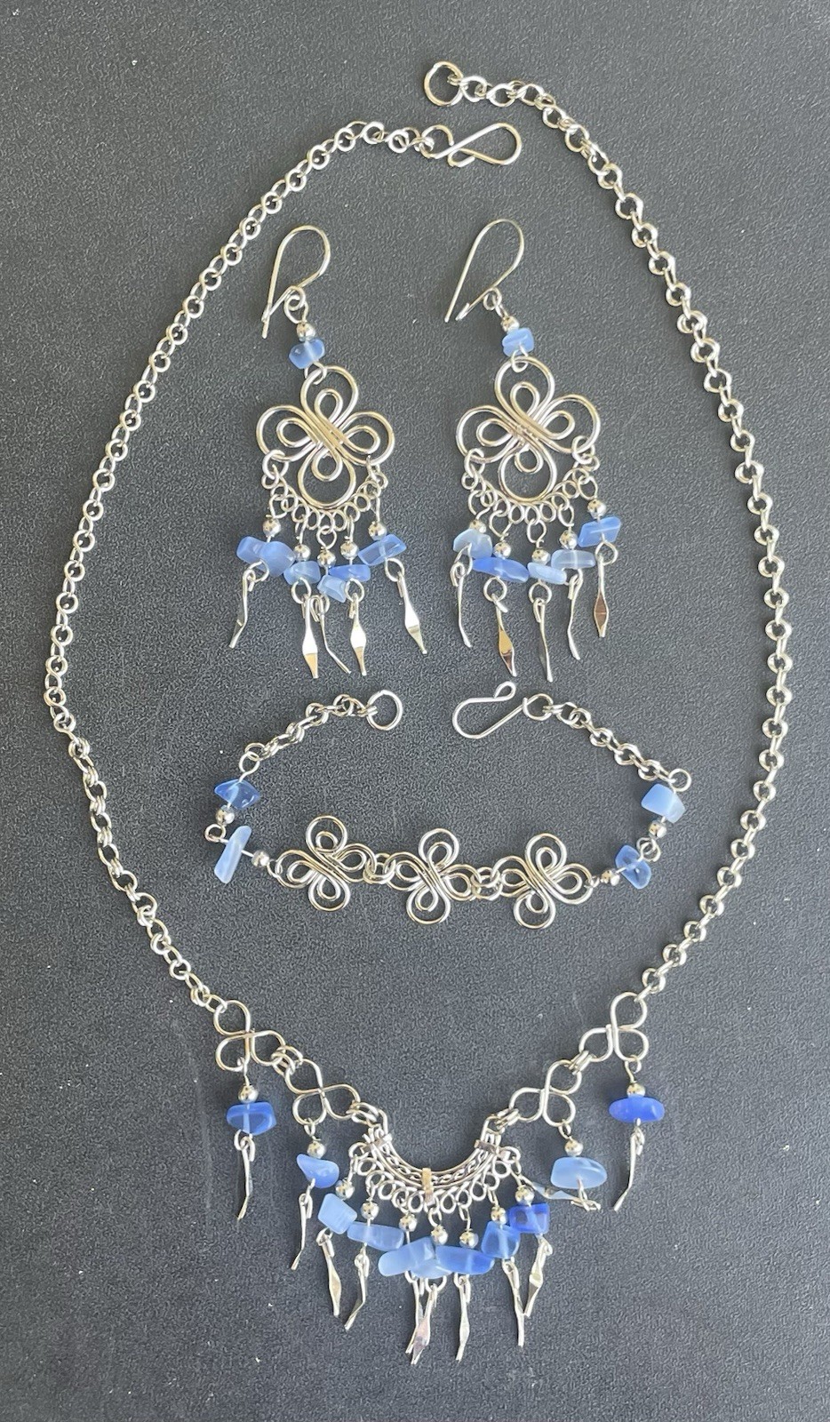 Peruvian Blue Cascajo Chip Nugget Long Necklace Bracelet Earrings Set Peru Boho
