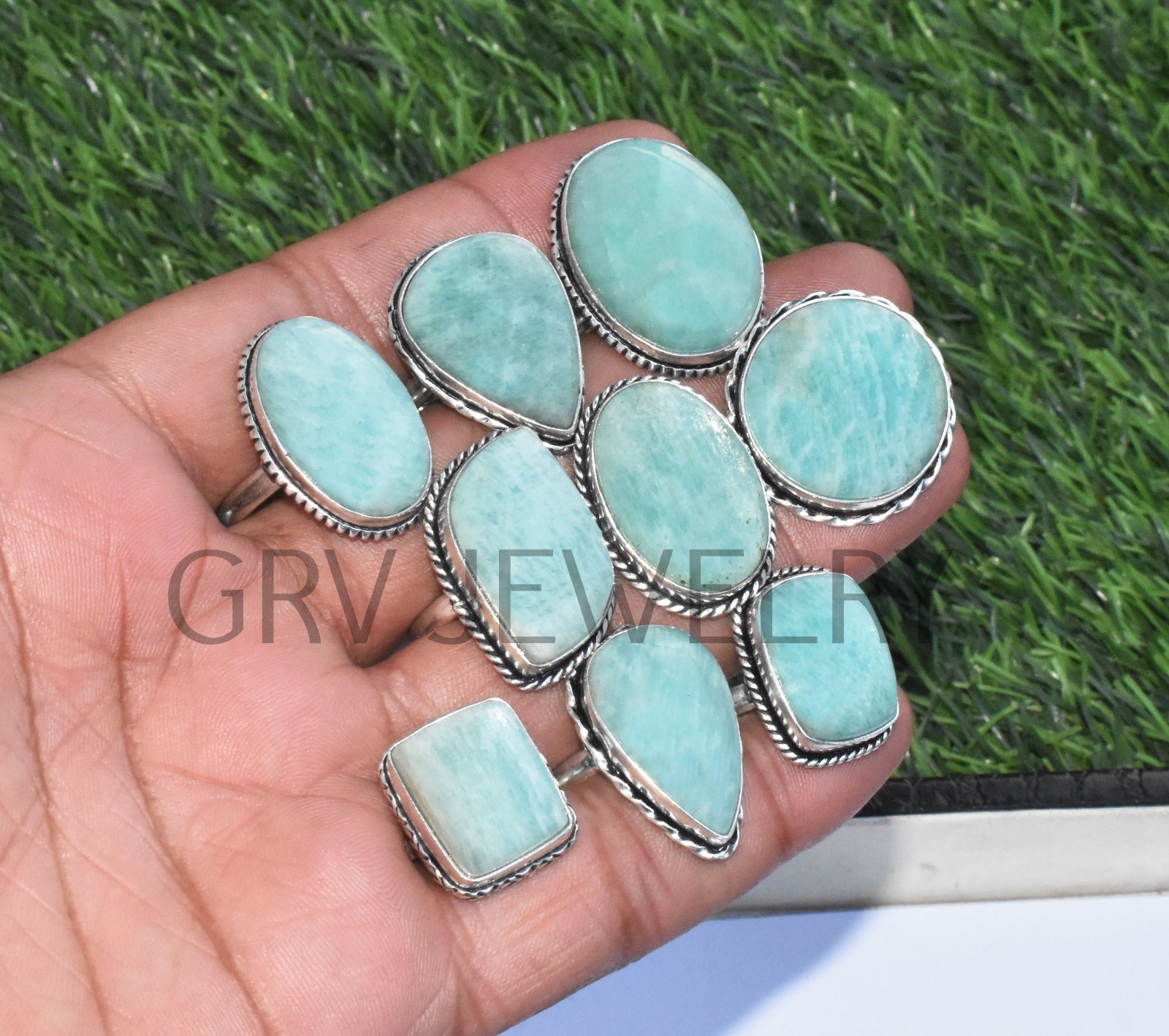 1-500 Pcs Natural Amazonite In Wholesale Gemstone Rings Lot: Silver Plated Whr-9
