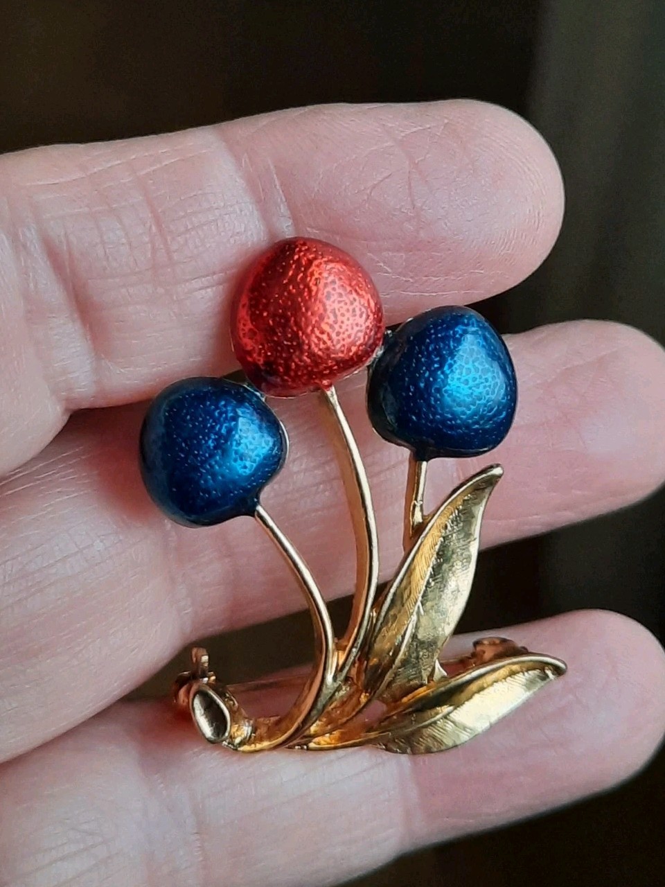 Vintage Brooch Fruit Cherries Pin Red Blue Enamel Gold Tone 1980s American Diner