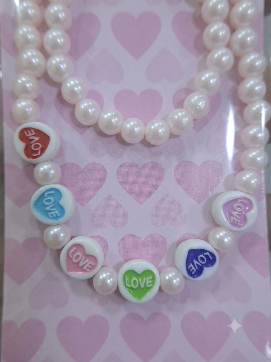 NWT Chibi Anime Girl Faux Pearl Necklace & Bracelet Jewelry Set – Cute, Pink Hea