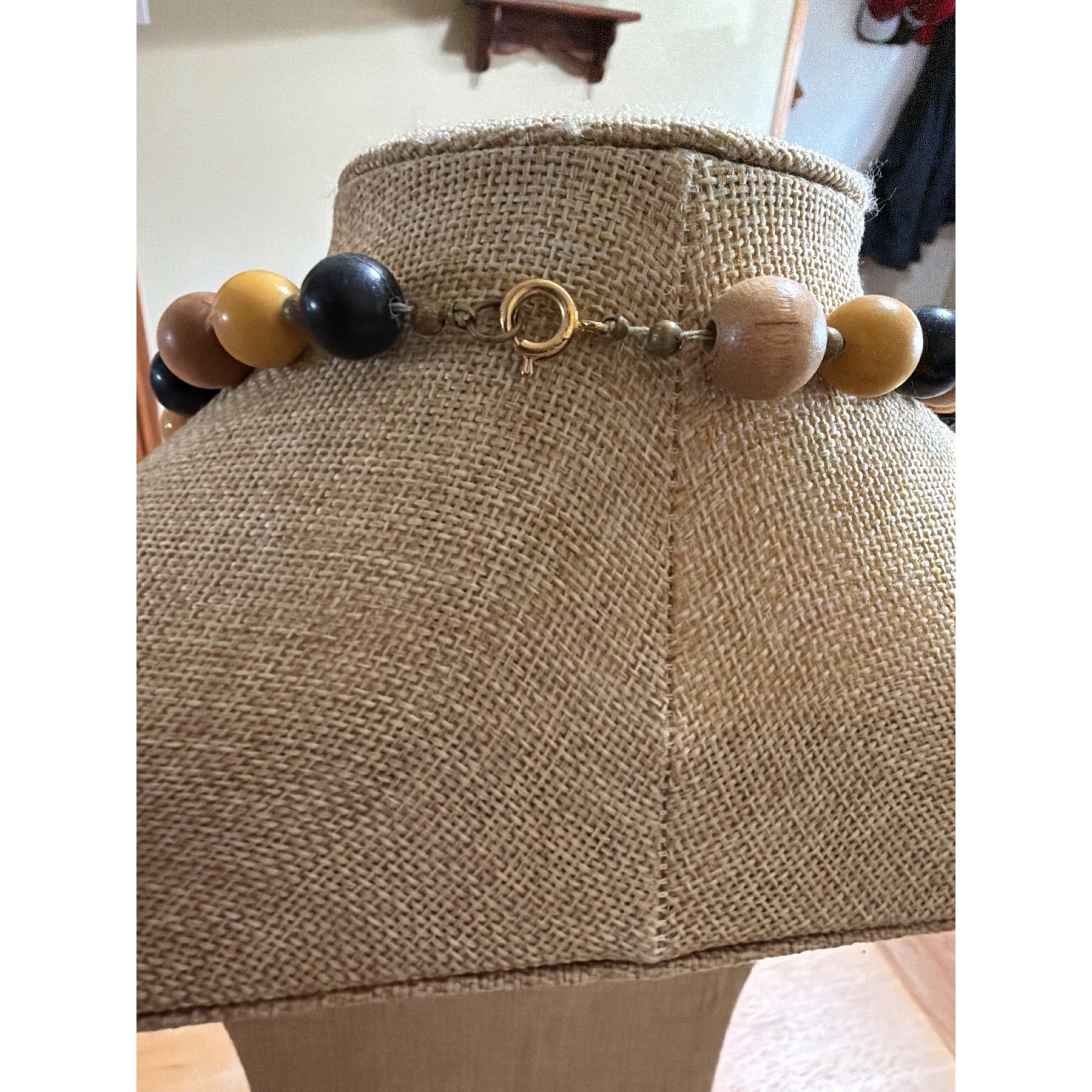 Vintage Beaded Necklace Wood Mustard Yellow Black Earthy Tones Boho Handmade