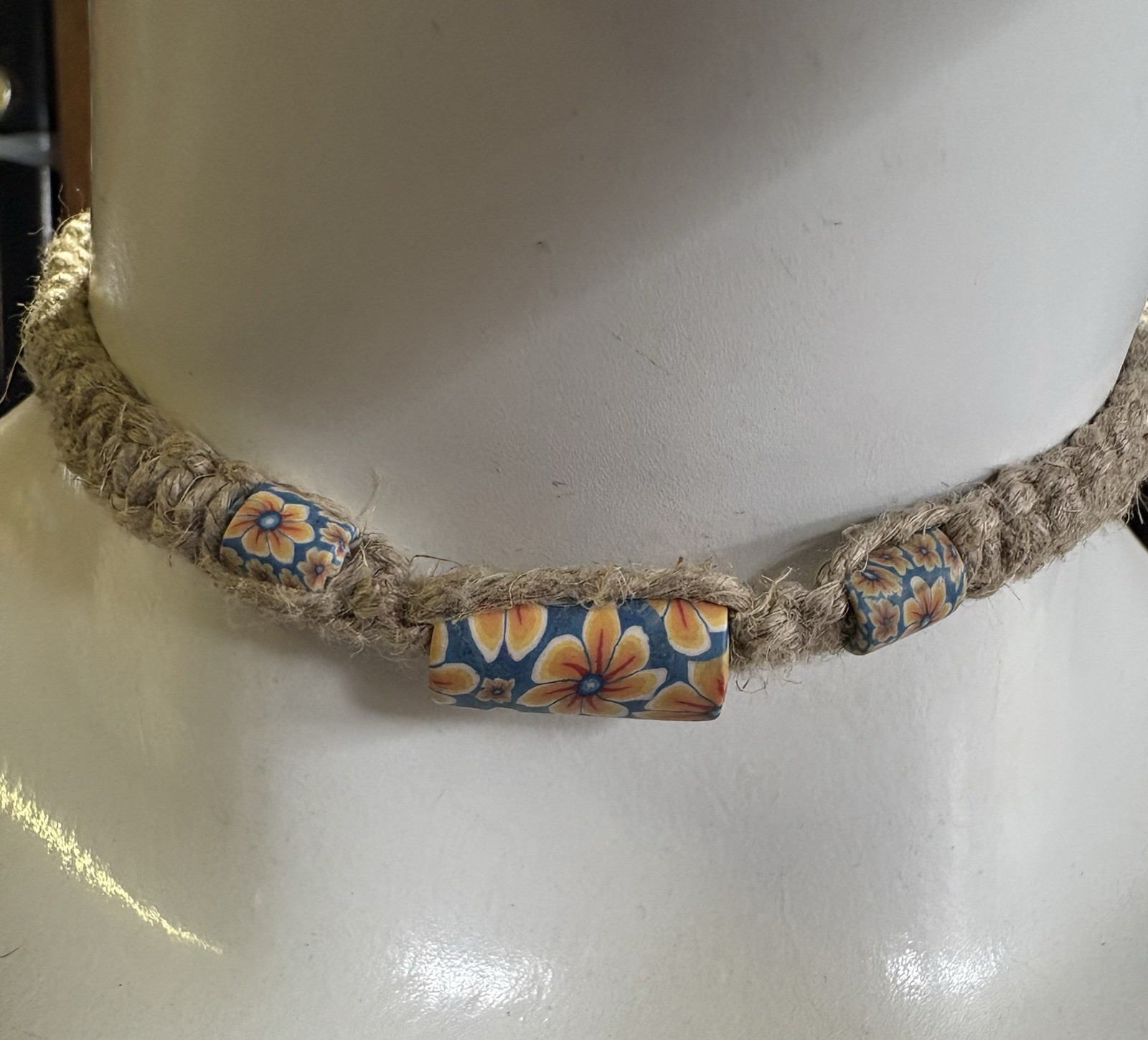 Hemp Cord Beaded Choker Necklace Beige Floral Bar Pendant Adjustable Tie