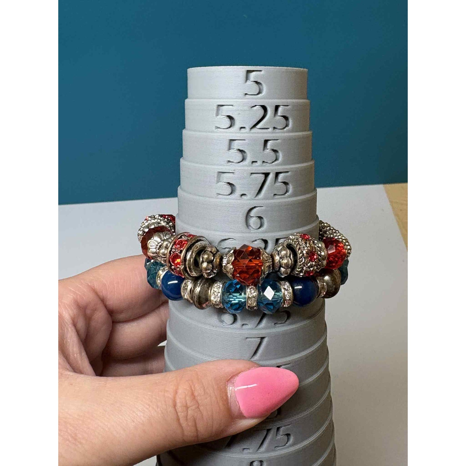 Blue and Red Beaded Stretch Bracelets with Rhinestone Accents Silver Tone Lot