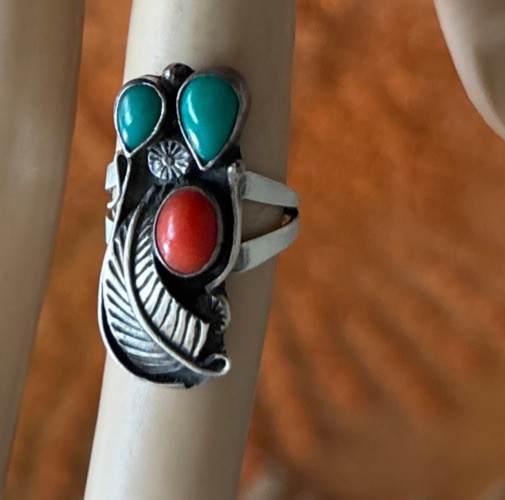 Vintage Navajo RS Roger Skeet Sterling Silver Coral Turquoise Ring Size 5.5 Leaf