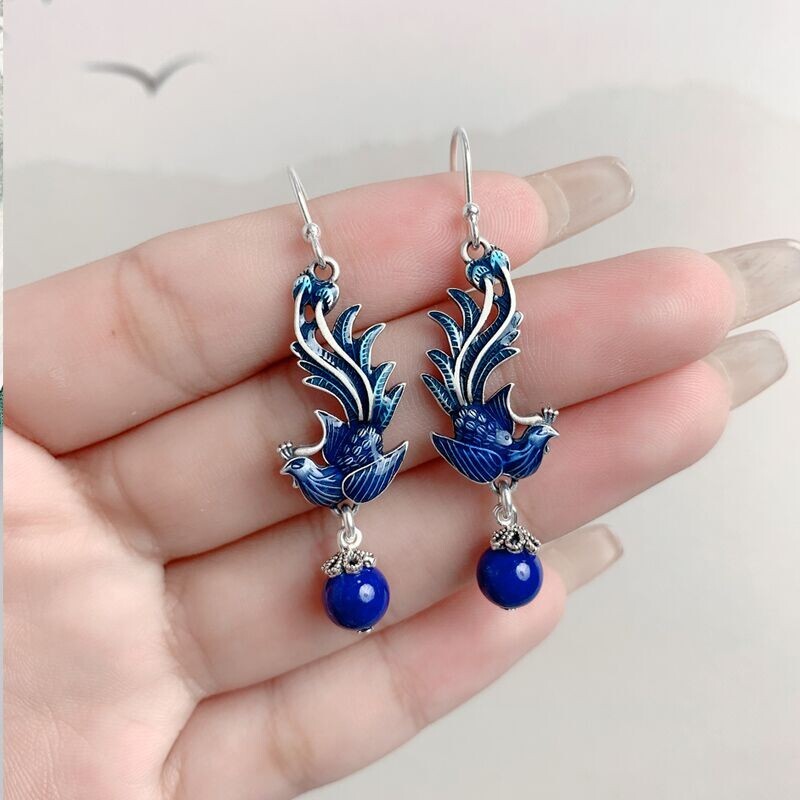 925 Silver Plated Cloisonne Phoenix Earrings Tassel Dangle Drop Vintage Gift
