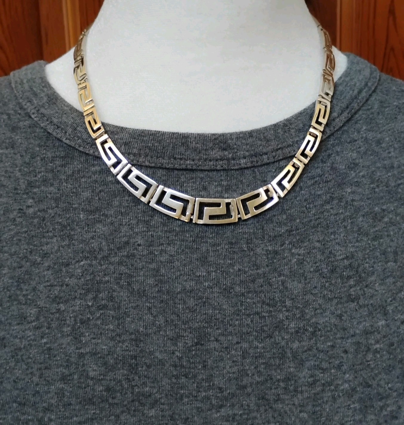 Sterling Silver Greek Key Necklace Graduated Openwork Links 17.5″ 36.9g