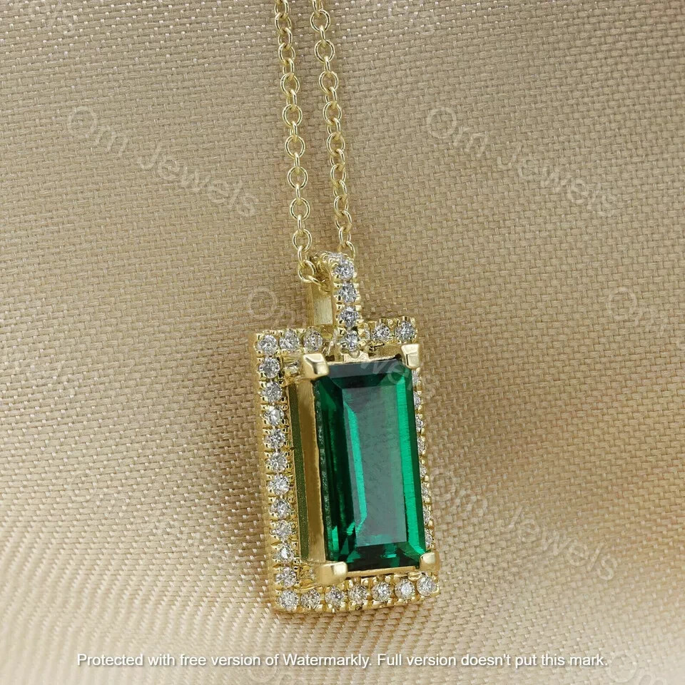 3.20Ct Emerald Cut Green Emerald Halo Pendant 14K Yellow Gold Finish 18″ Chain