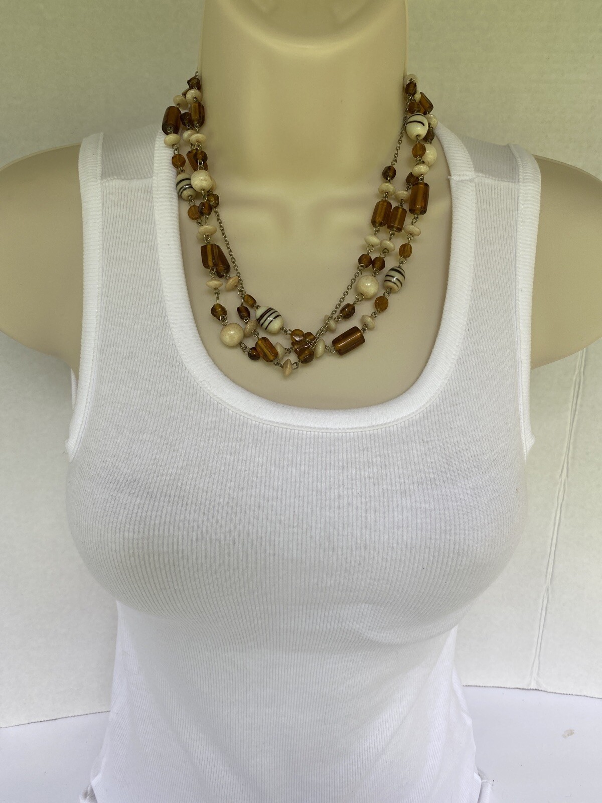 Necklace Natural Stones Brown Black Beige Beads silver tone 2 layers 18″ long