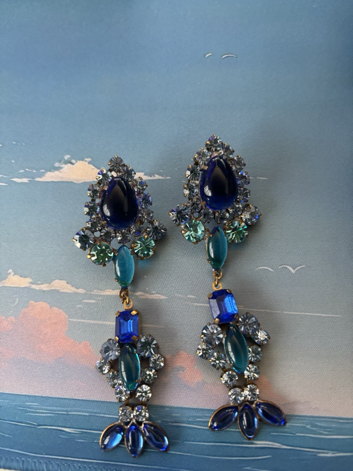 Bijoux MG Signed Beautiful Vintage Blue Rhinestone Earrings Mermaid Tail