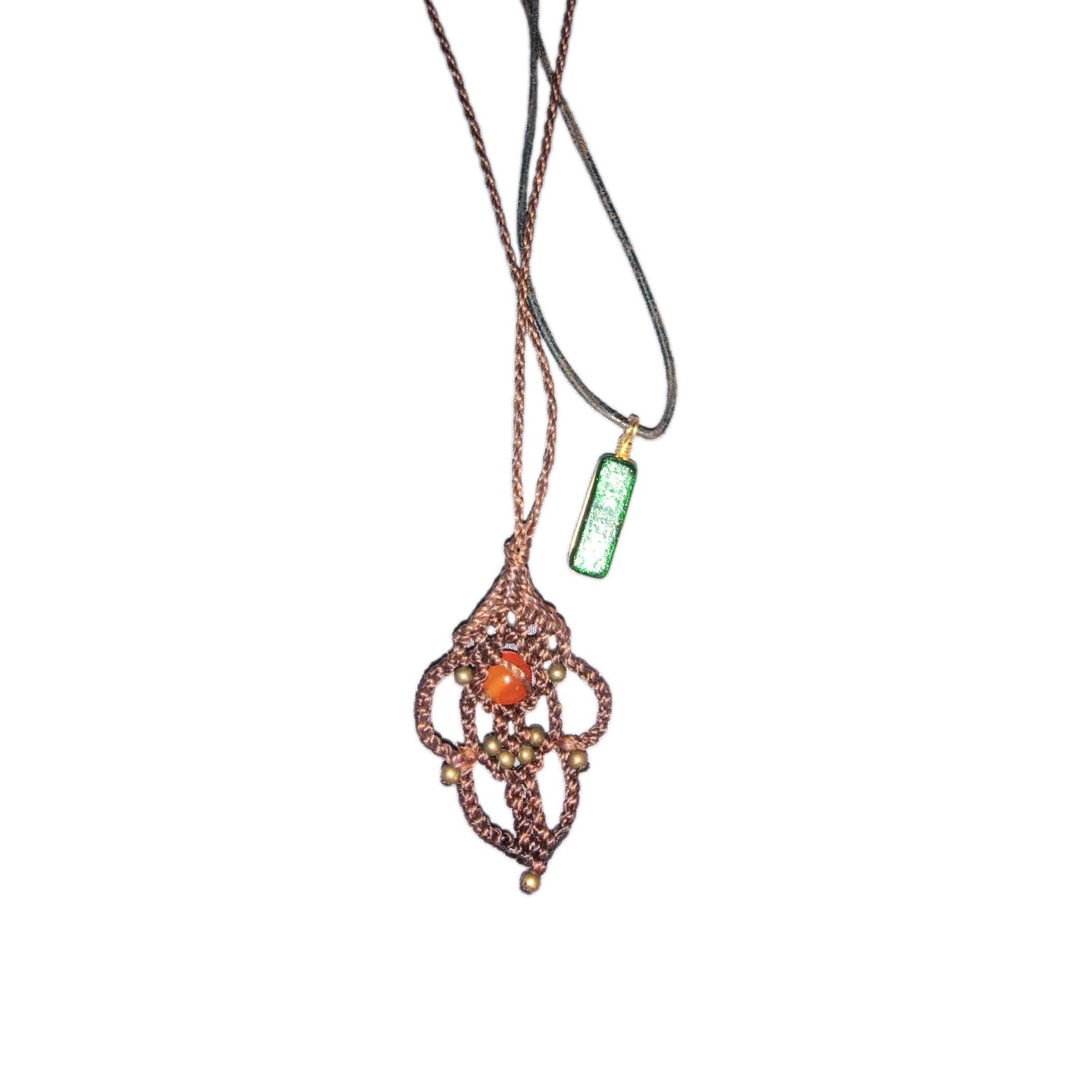 Set 2 Vintage Crochet Beaded Necklace & Green Resin Stone Pendant Necklace Boho