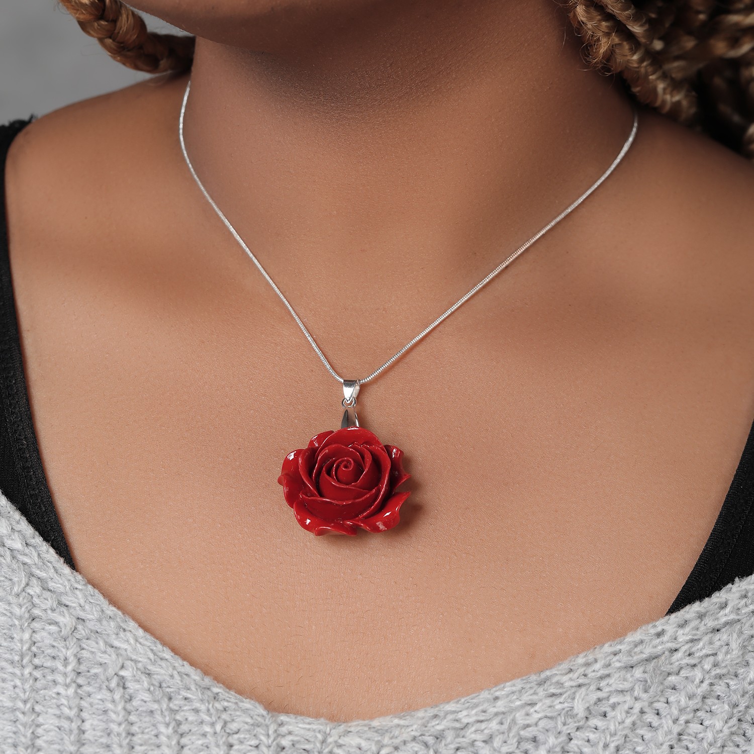35MM Red Simulated Coral Carved Rose Flower Pendant With 16 Inch + 2 Inch