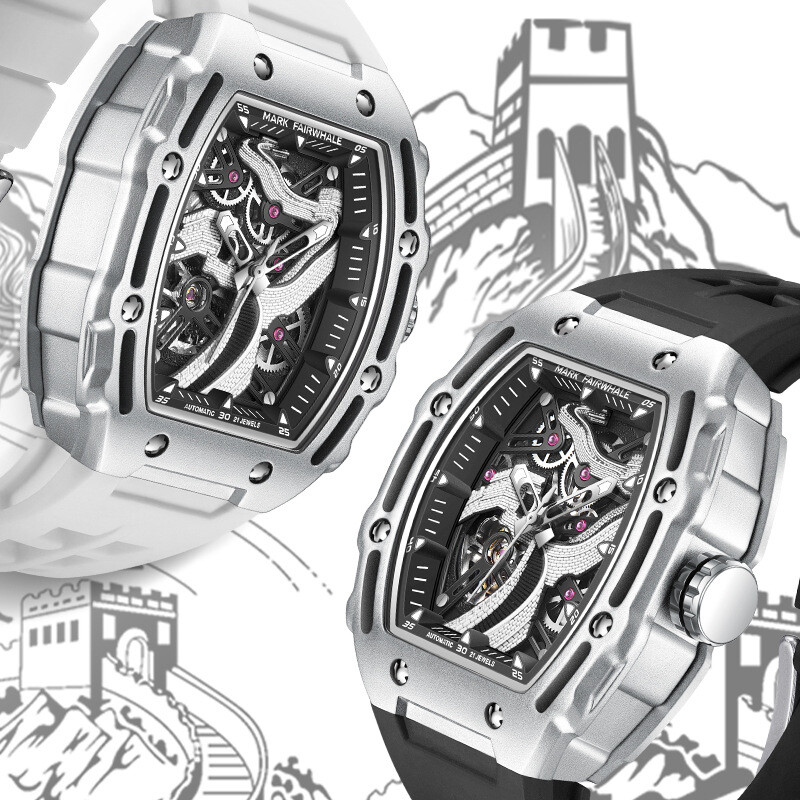 MARK FAIRWHALE Tonneau Skeleton The Great Wall Dial Mechanical Automatic Watch`
