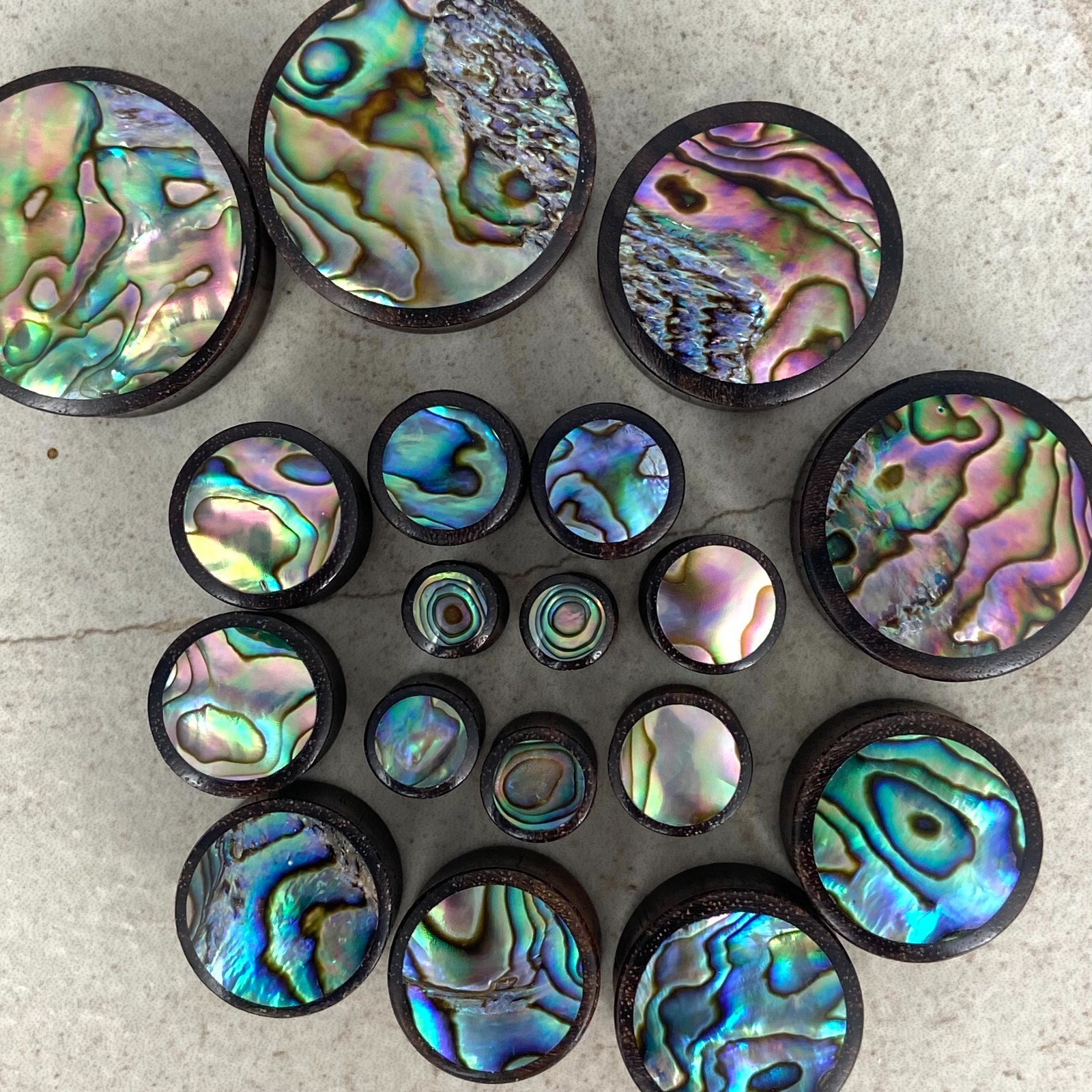 Sono Wood with Abalone Inlay Plugs set gauges PICK SIZE organic