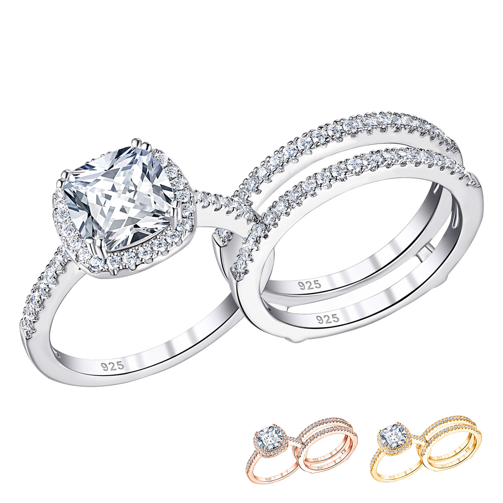 Sterling Silver Ring Jacket 2pcs Ring Set Engagement Wedding Bridal Ring Set