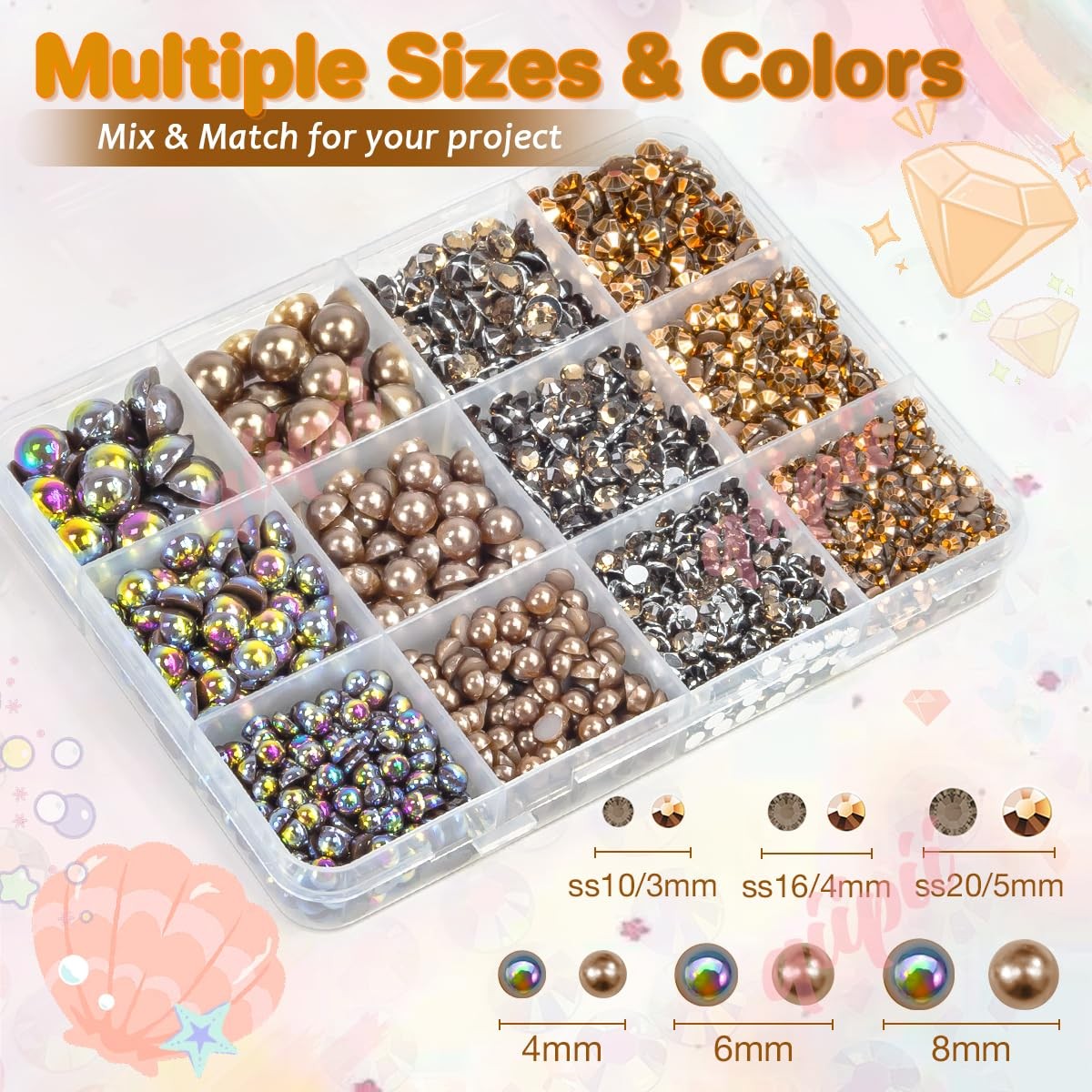 qiipii Dark Coffee Pearls Rhinestones 3-8mm
