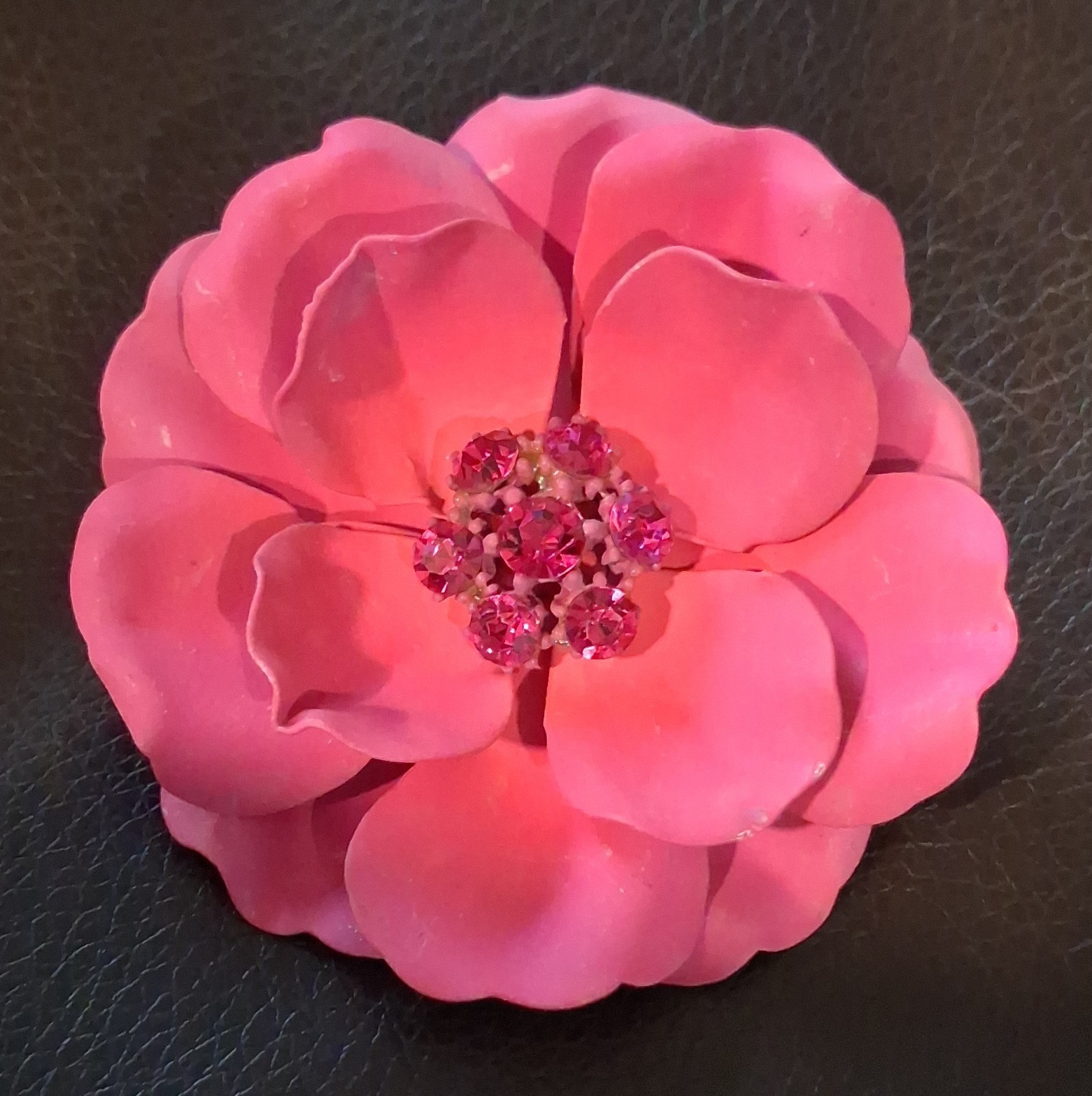 Pink Flower Enamel Brooch Pin with Round Pink Crystal Center Cluster Setting