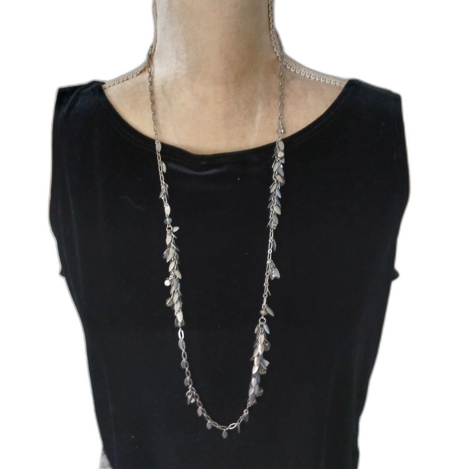 Ann Taylor Loft Silver Tone 32″ Chain Necklace With Asymmetrical Leaf Design