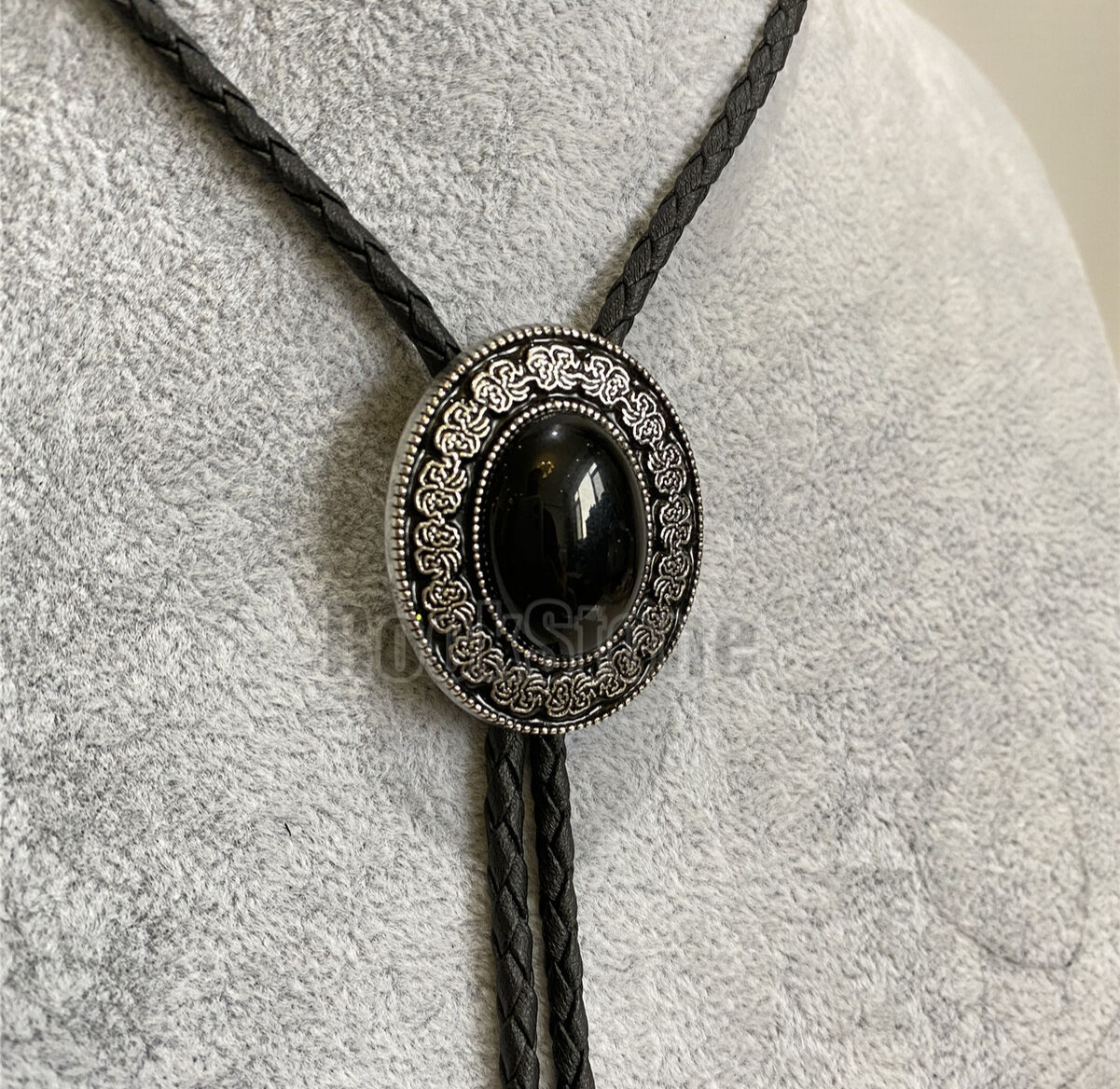 Flower Black Agate Mens Bolo Tie Wedding Necklace PU Leather Rope Western Cowboy