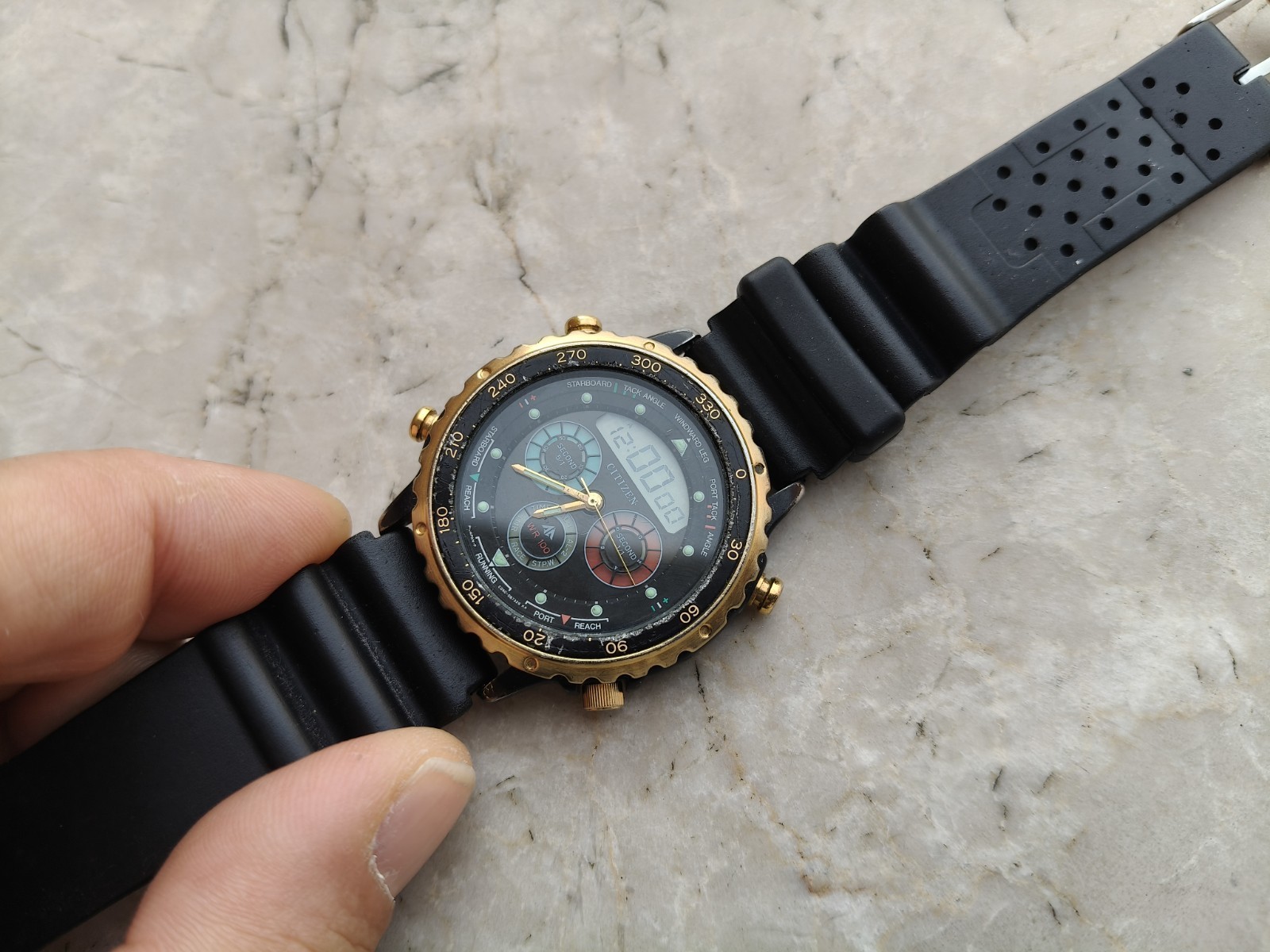 80s CITIZEN YACHT TIMER C050-088409 BLACK PVD WATCH WATCHES WORKING *DEFECTIVE*