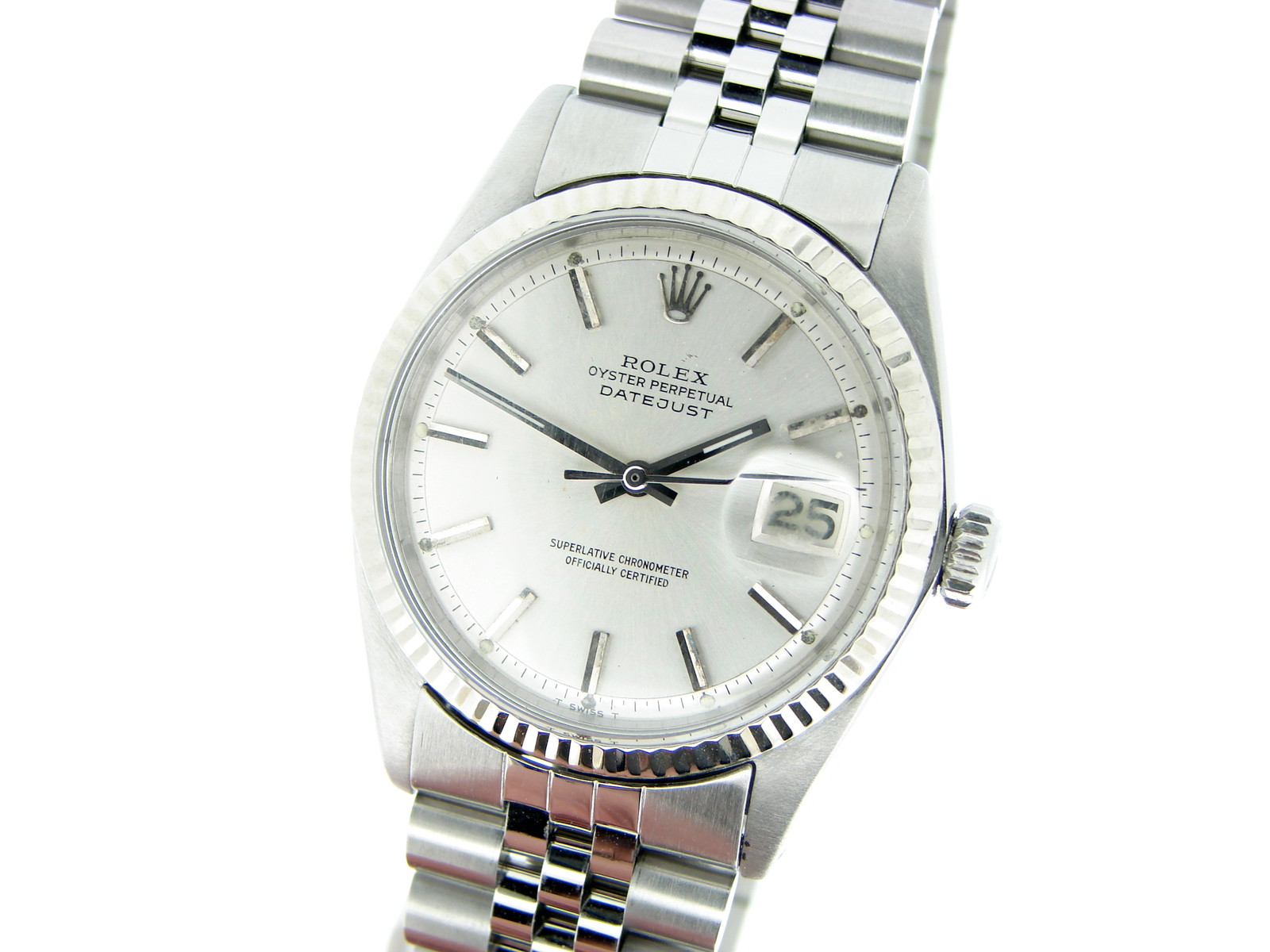 Rolex Datejust Mens Stainless Steel Watch 18K White Gold Bezel Silver Dial 1601