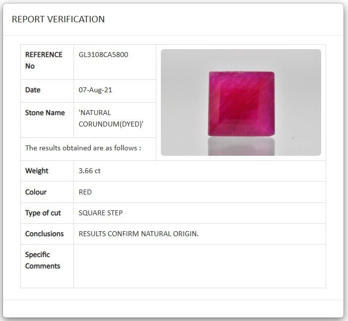 GTL Certified 3.66 Cts Dyed Red Corundum Square Cut Loose Gemstone for Ring