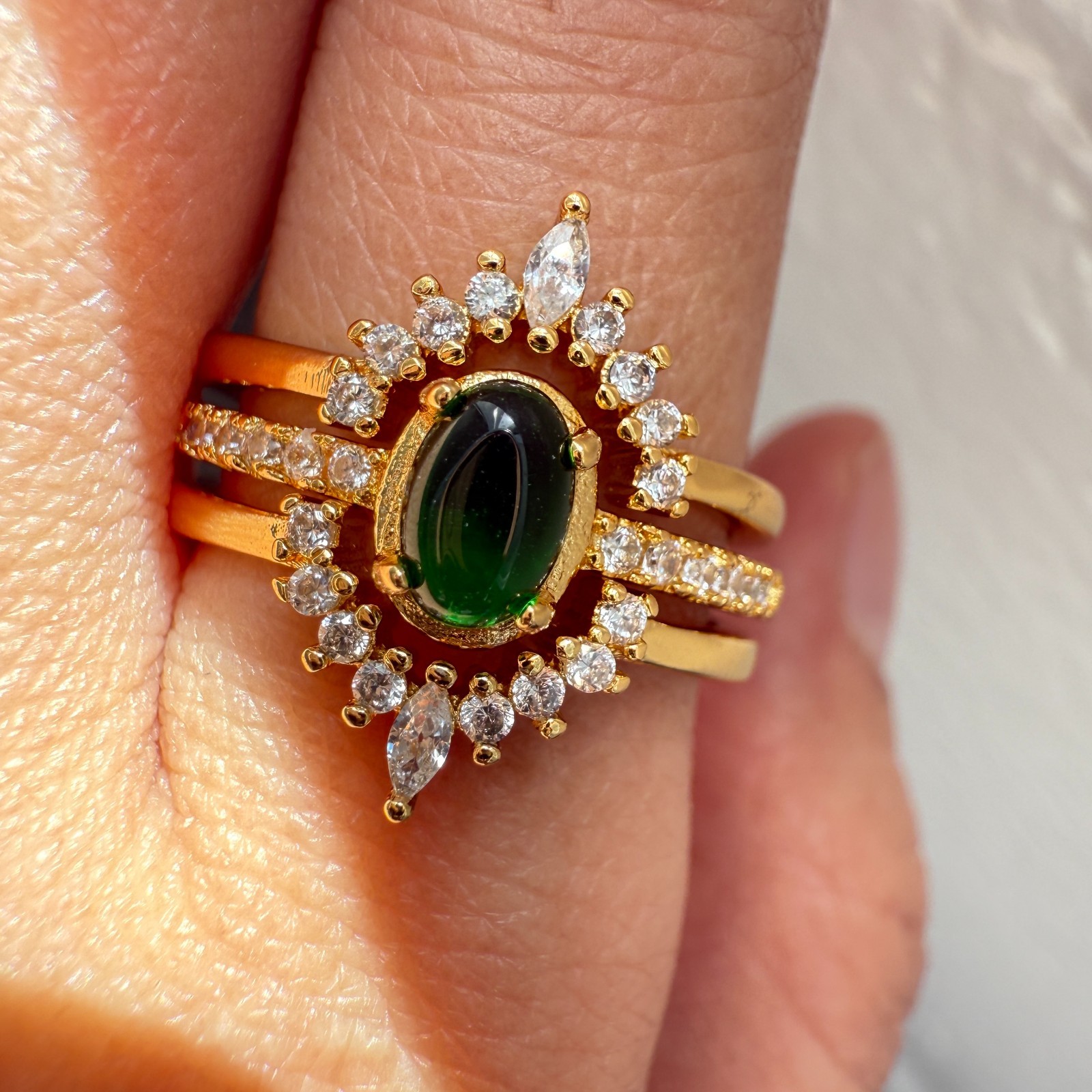 925 Sterling Silver Ring 3in1 6x4mm Green Natural Emerald Gemstone Zircon Flower