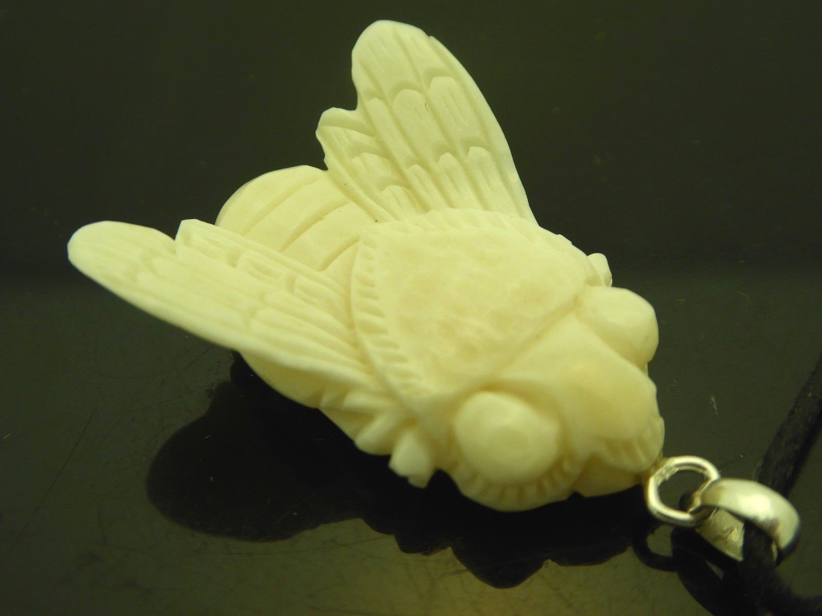 Carved Honey Bee Water Buffalo Bubalus Bubalis Bone Sterling 925 Amulet Necklace