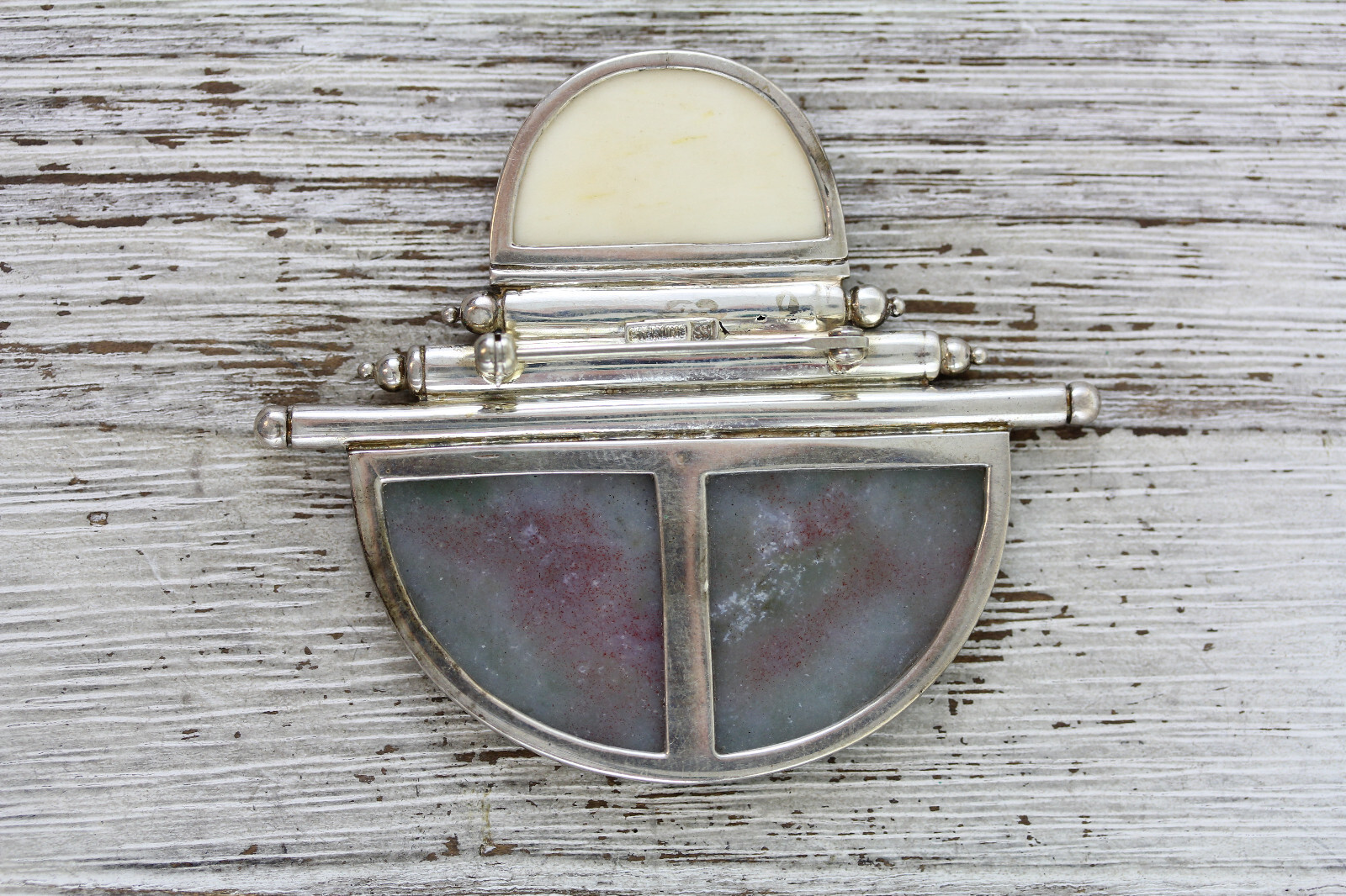STUDIO DESIGNER ARTISAN AGATE SLAB STERLING SILVER BROOCH BEAUTIFUL RETRO 1990’S