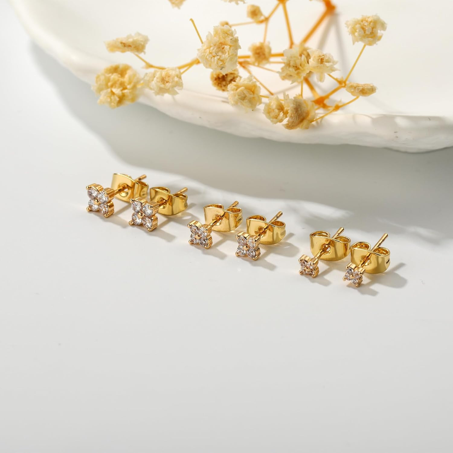 3 Pairs 14K Gold Plated Stud Earring Sets for Women Small Dainty Sterling Silver