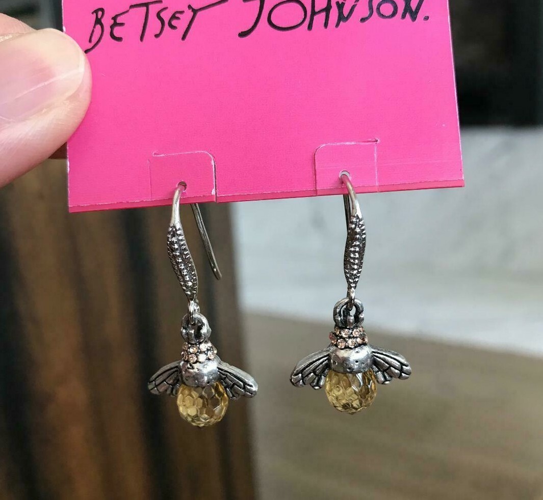 US Seller Betsey Johnson Silver Amber Crystal Bee Dangle Earrings Acrylic