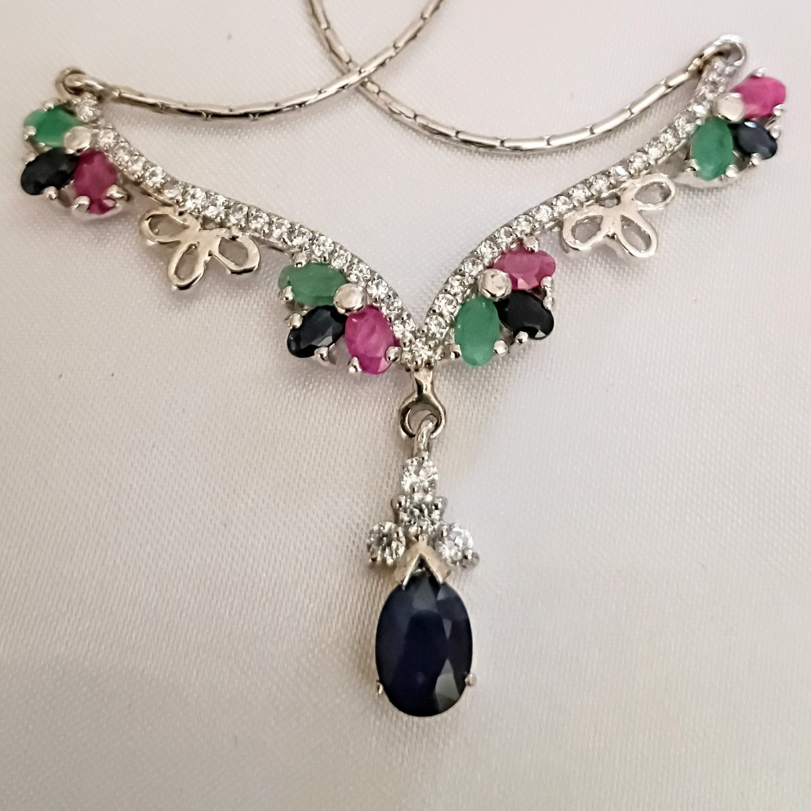 Vintage Liquid Silver Natural Sapphire Emerald Ruby CZ Victorian Necklace 18″