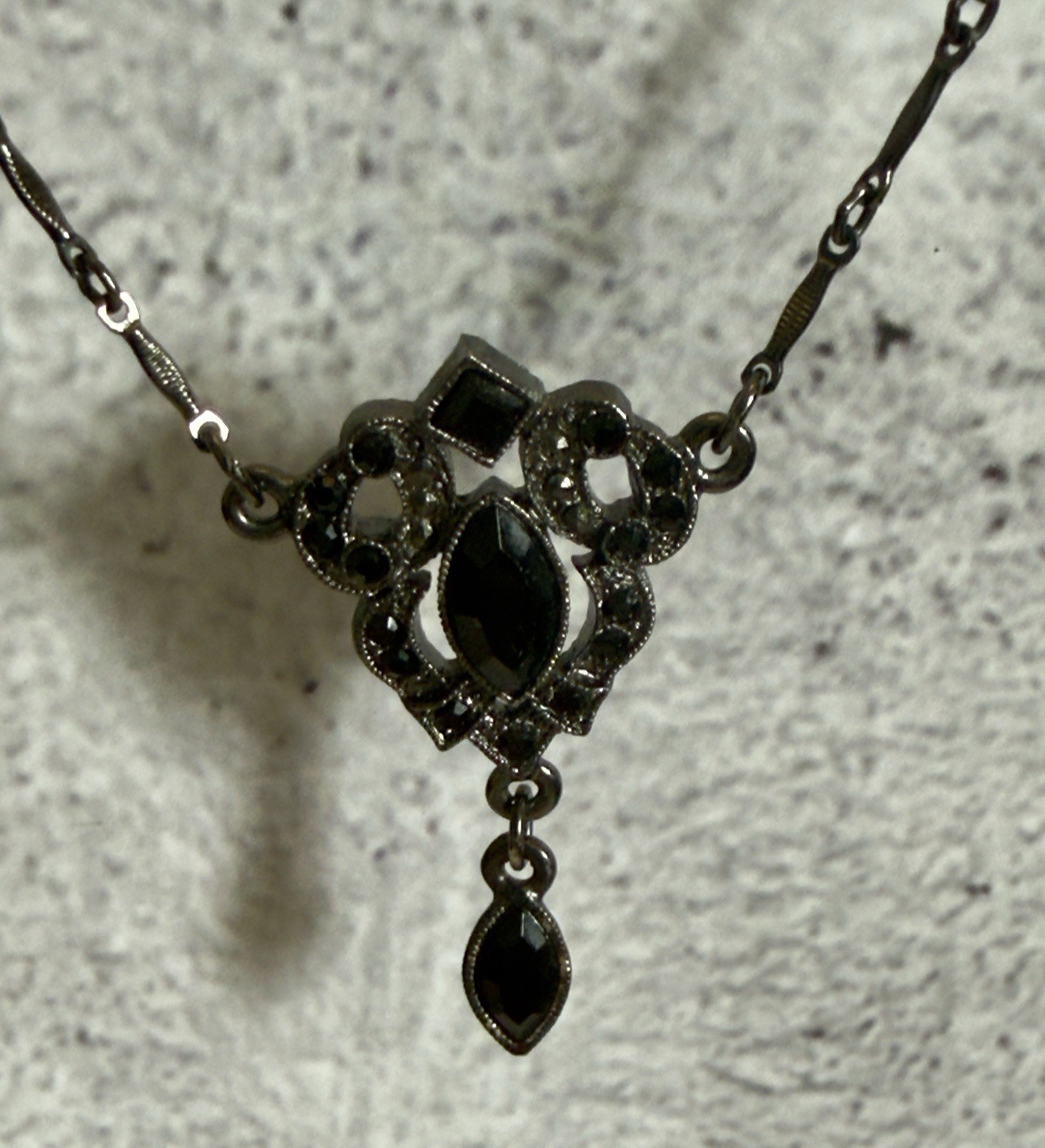 VTG 1928 Jewelry Co Black Rhinestone Marquise Y Drop Necklace Gunmetal Gothic
