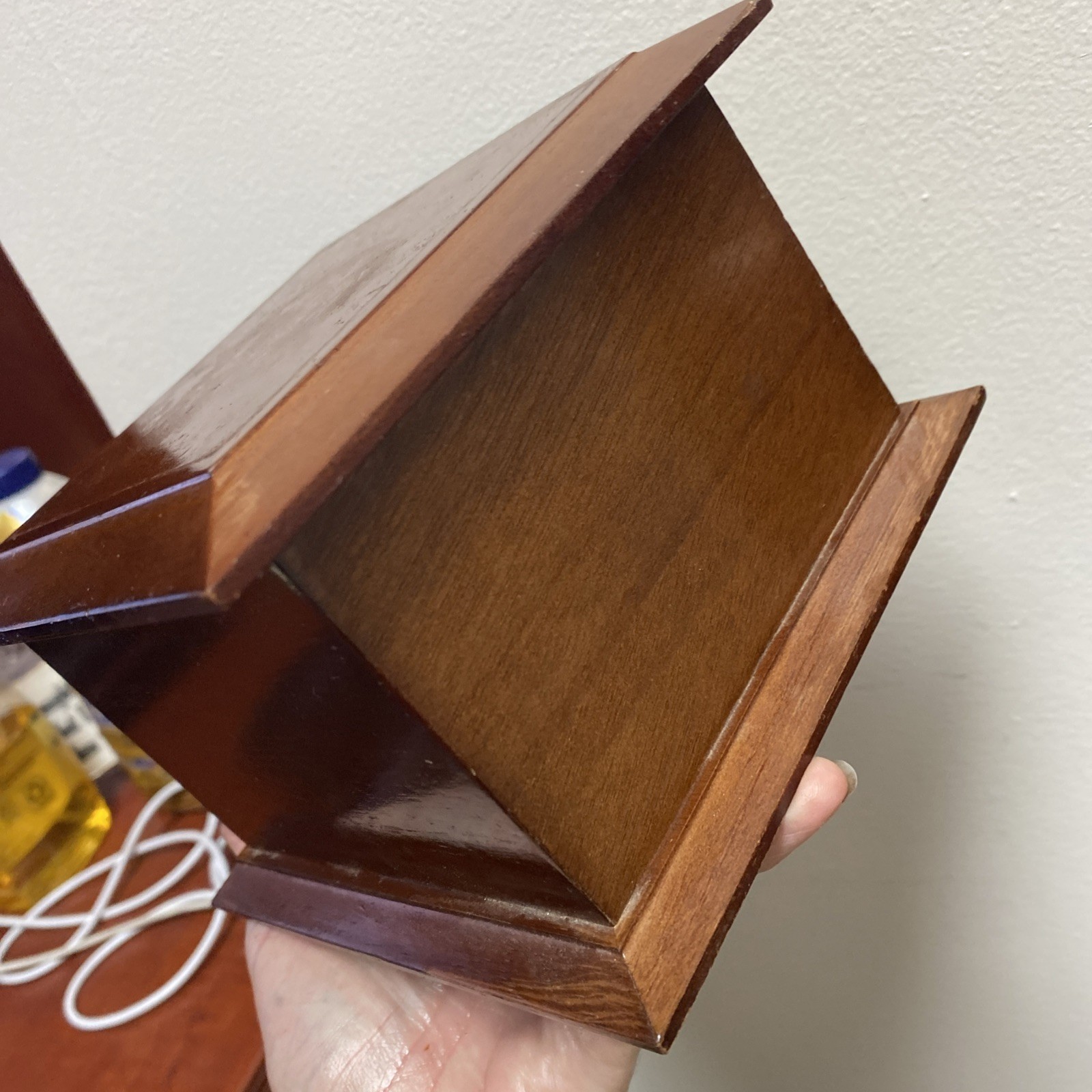Wooden Jewelry Box 6x6x4″ Hinged Lid Two Levels Mirror Green Velvet Interior