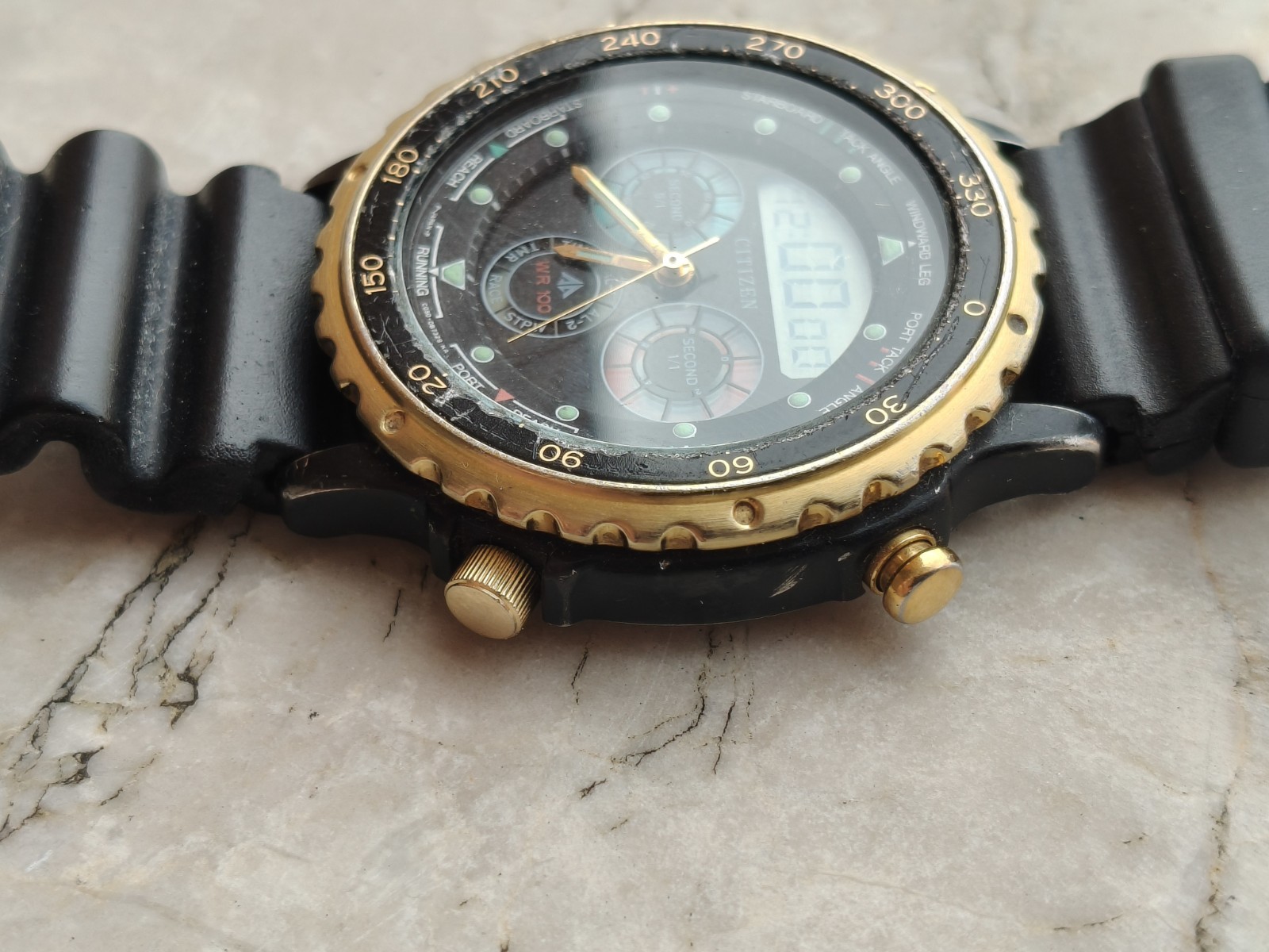 80s CITIZEN YACHT TIMER C050-088409 BLACK PVD WATCH WATCHES WORKING *DEFECTIVE*