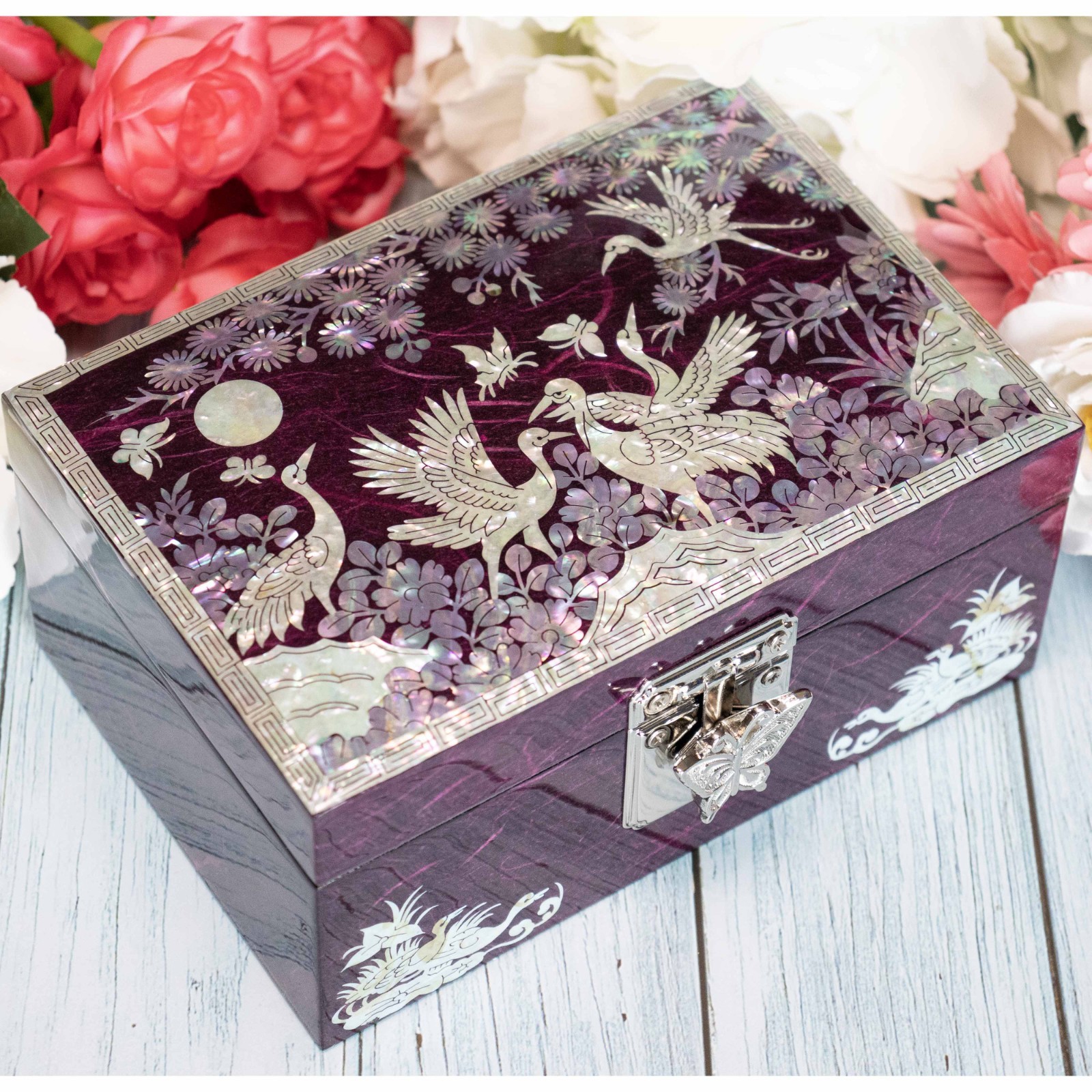 Mother of pearl Purple Lacquer Jewelry Box Vintage Ring Organizer Wood Keepsake