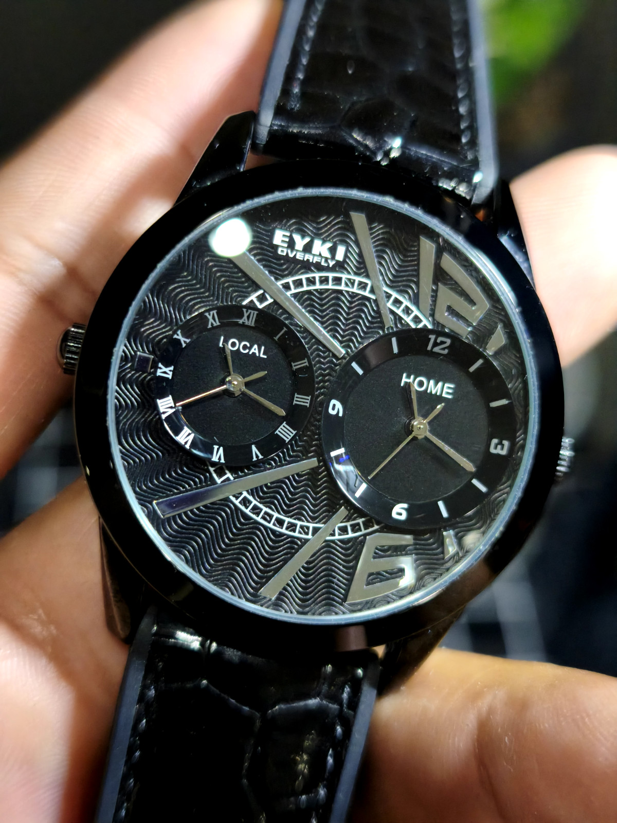 EYKI Overfly Men’s Dual Time Watch All Black Case Wave Dial Quartz