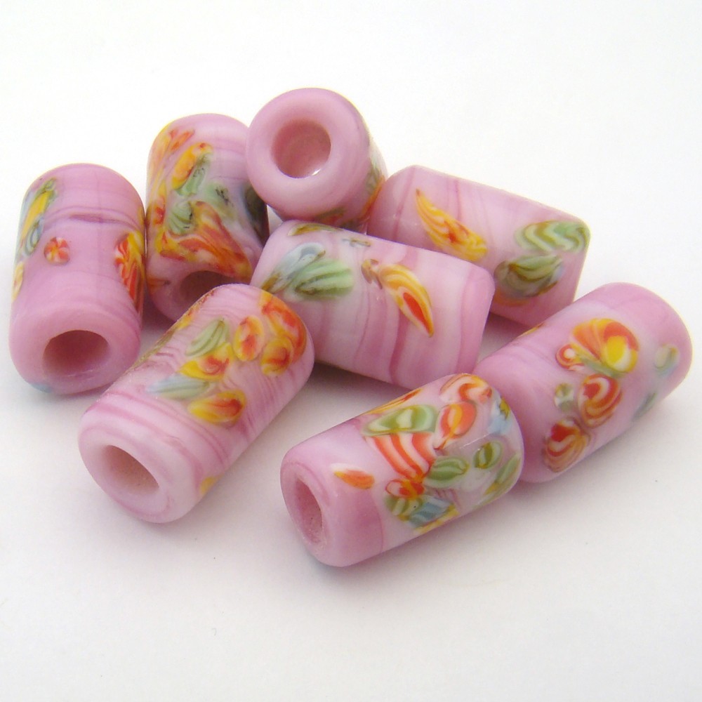 8 Vintage Japan lampwork large hole opaque pink glass murrine beads avg 14mm