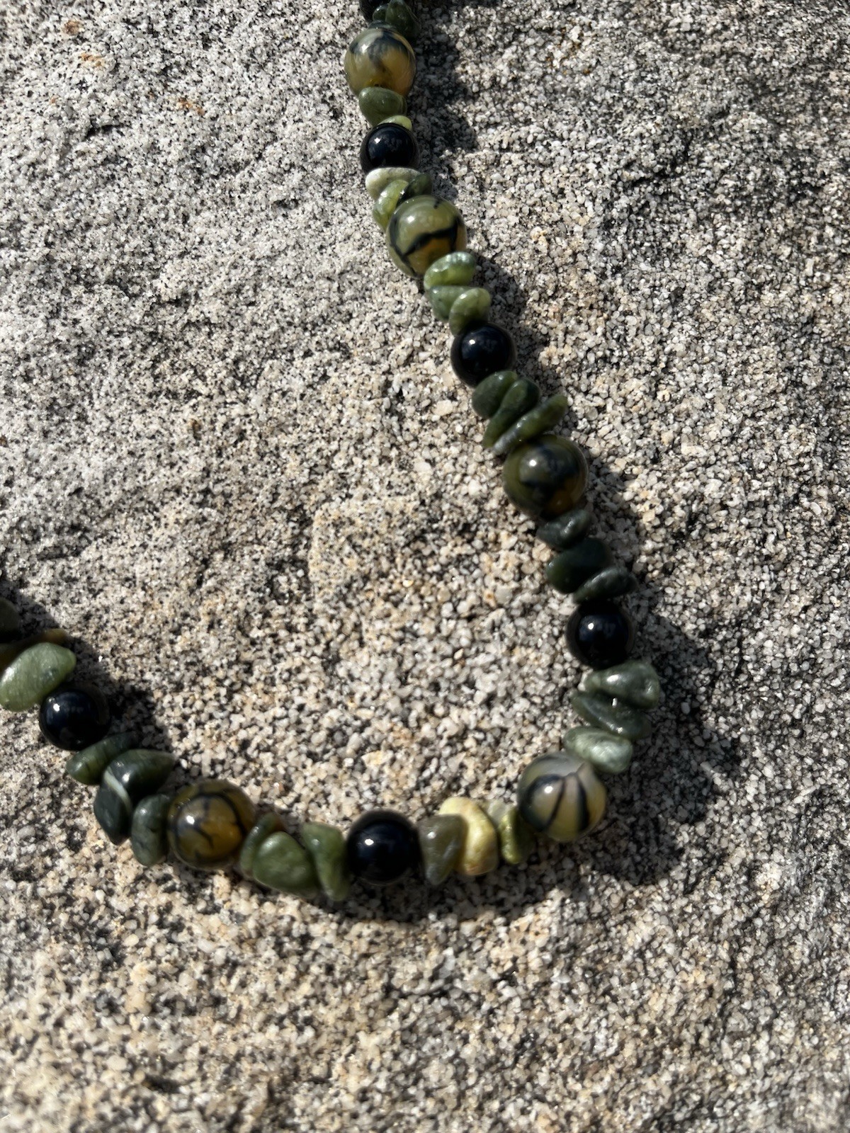 Mystic Dragon Vein Agate-Green Jasper & Obsidian Necklace 23” Olive Black 🐉NICE