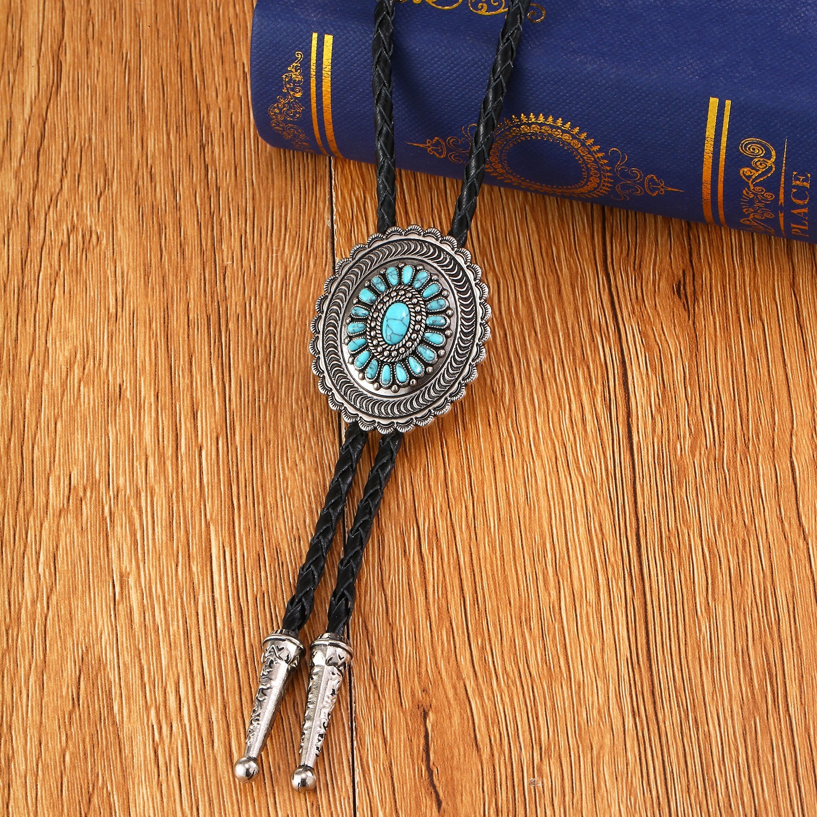 Vintage Bolo Tie Turquoise Stone Silver Sterling Cowboy Men Oval Navajo