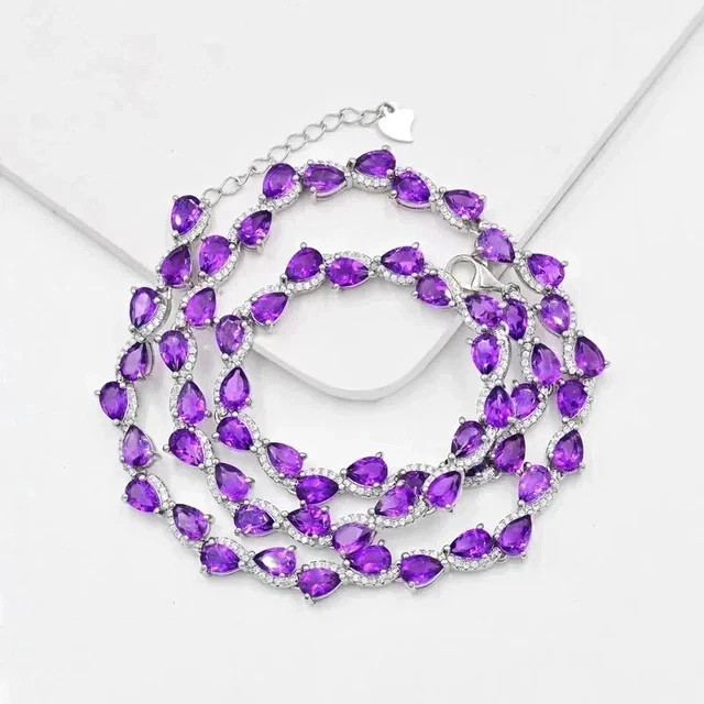 15CT Pear Cut Lab Created Amethyst Women’s Tennis Necklace 14K White Gold Plated
