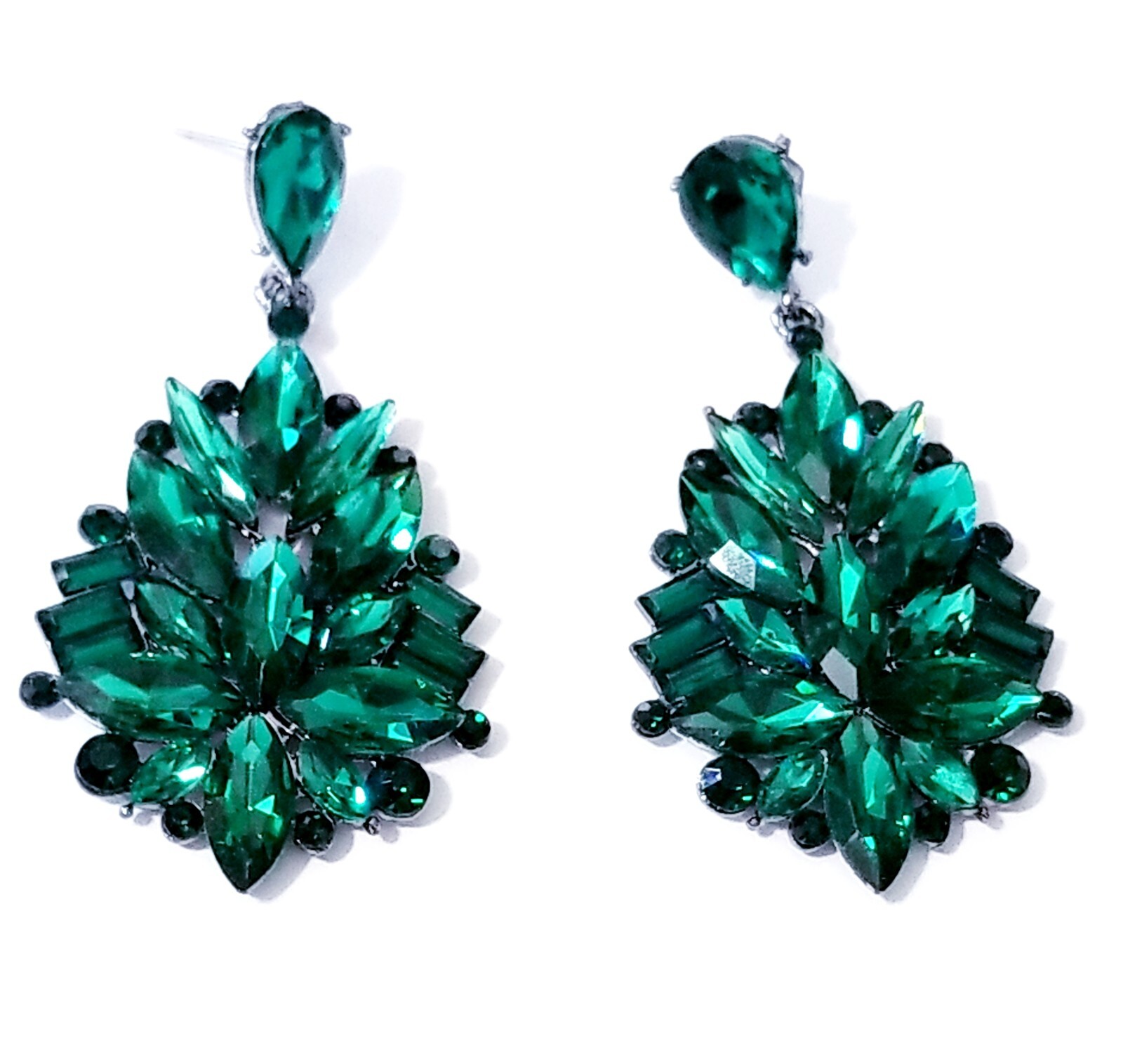 Bridesmaid Drop Dangle Chandelier Earrings 2.8 in Green Rhinestone Pageant Prom