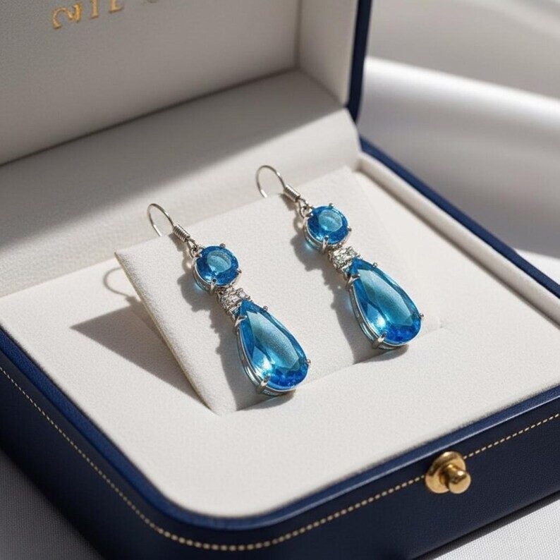 Handmade Sky Blue Crystal Teardrop Earrings Dangle Handmade Jewelry Gift